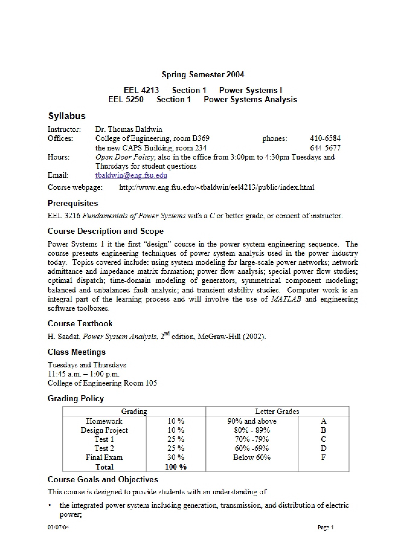 Power Systems I Course Outline and Schedule