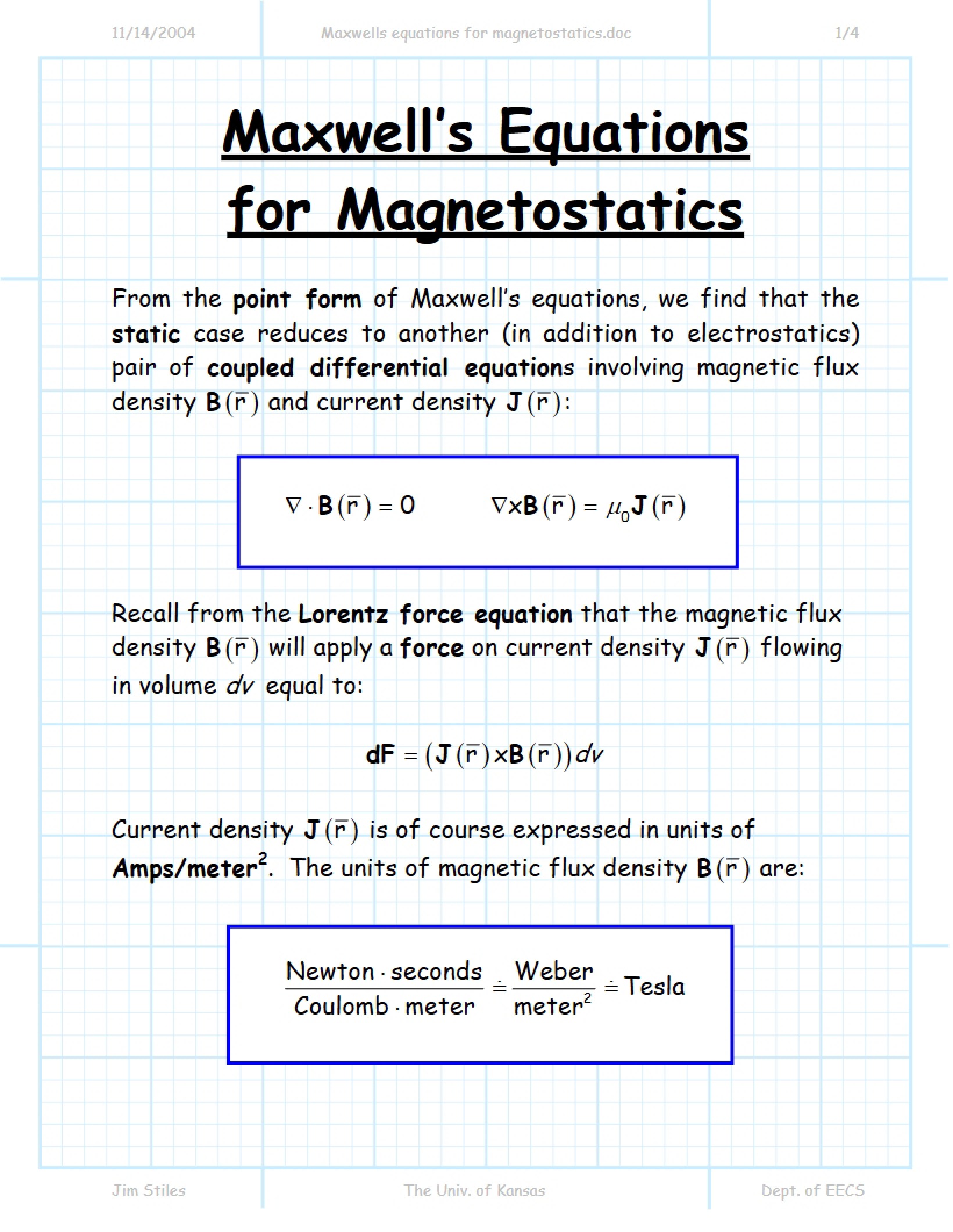 Magnetostatics Maxwell Equations