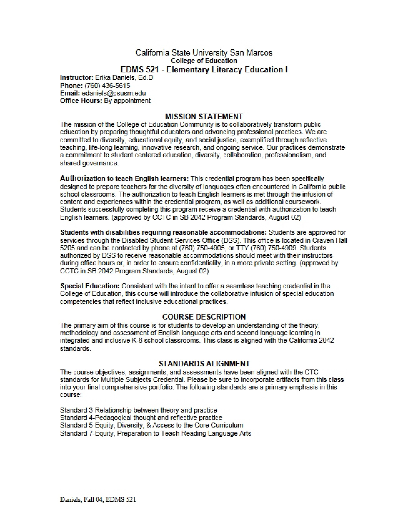 Daniels Elementary Literacy Syllabus