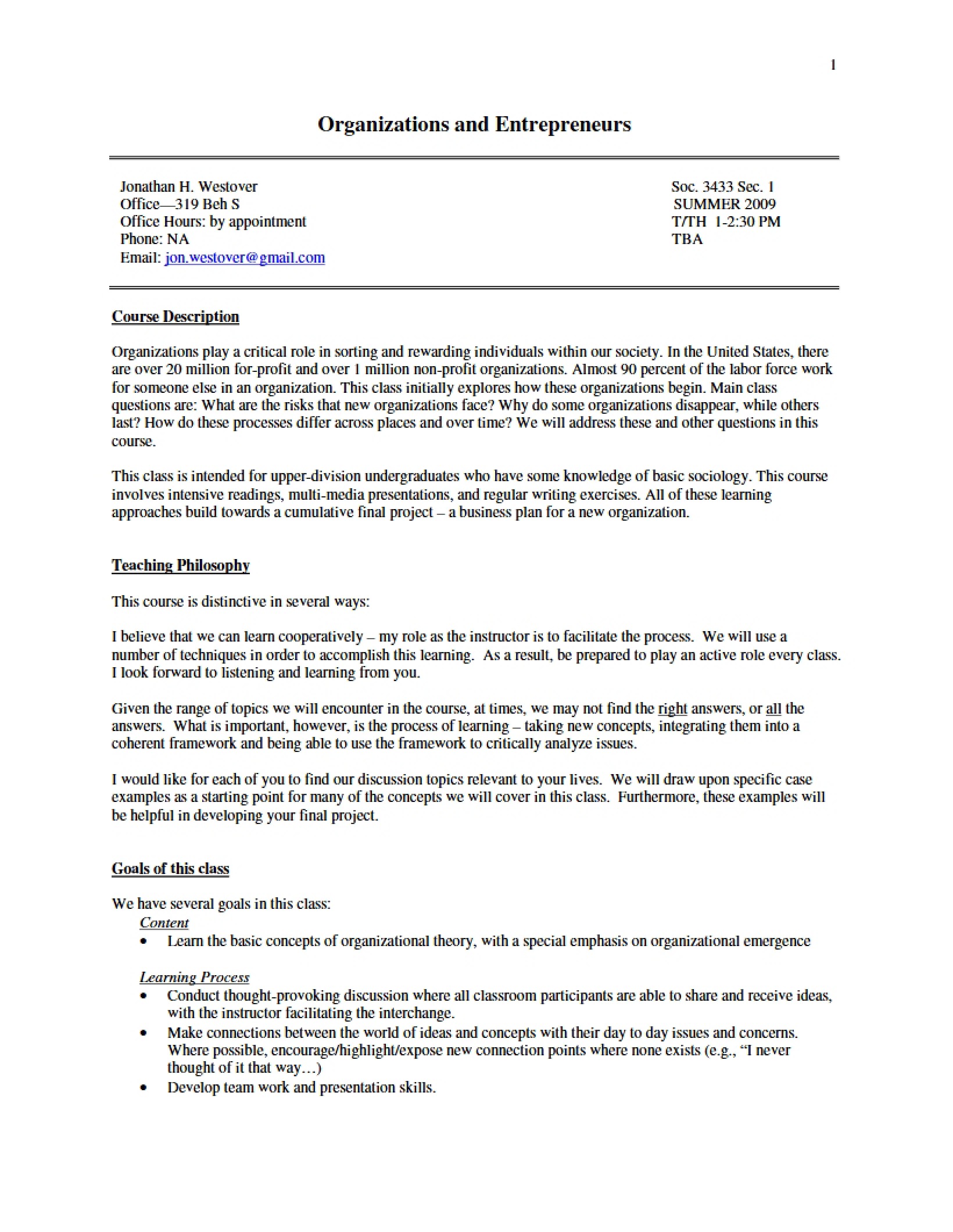 Syllabus Sociology of Entrepreneurs and Organizations