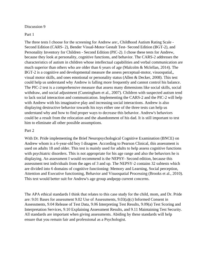 CARS-2, BGT-2, and PIC-2 Screening Tests for Discussion 9