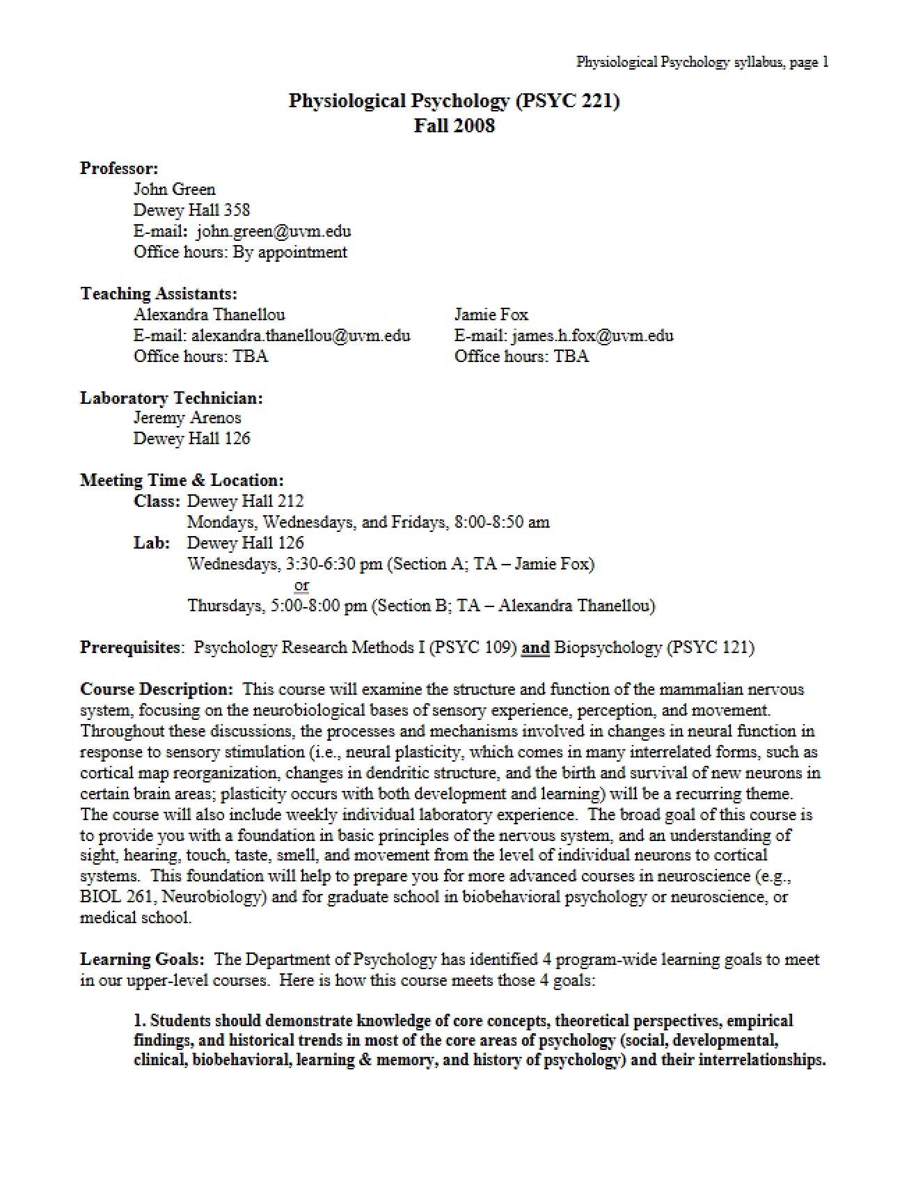 Course Outline Physiological Psychology