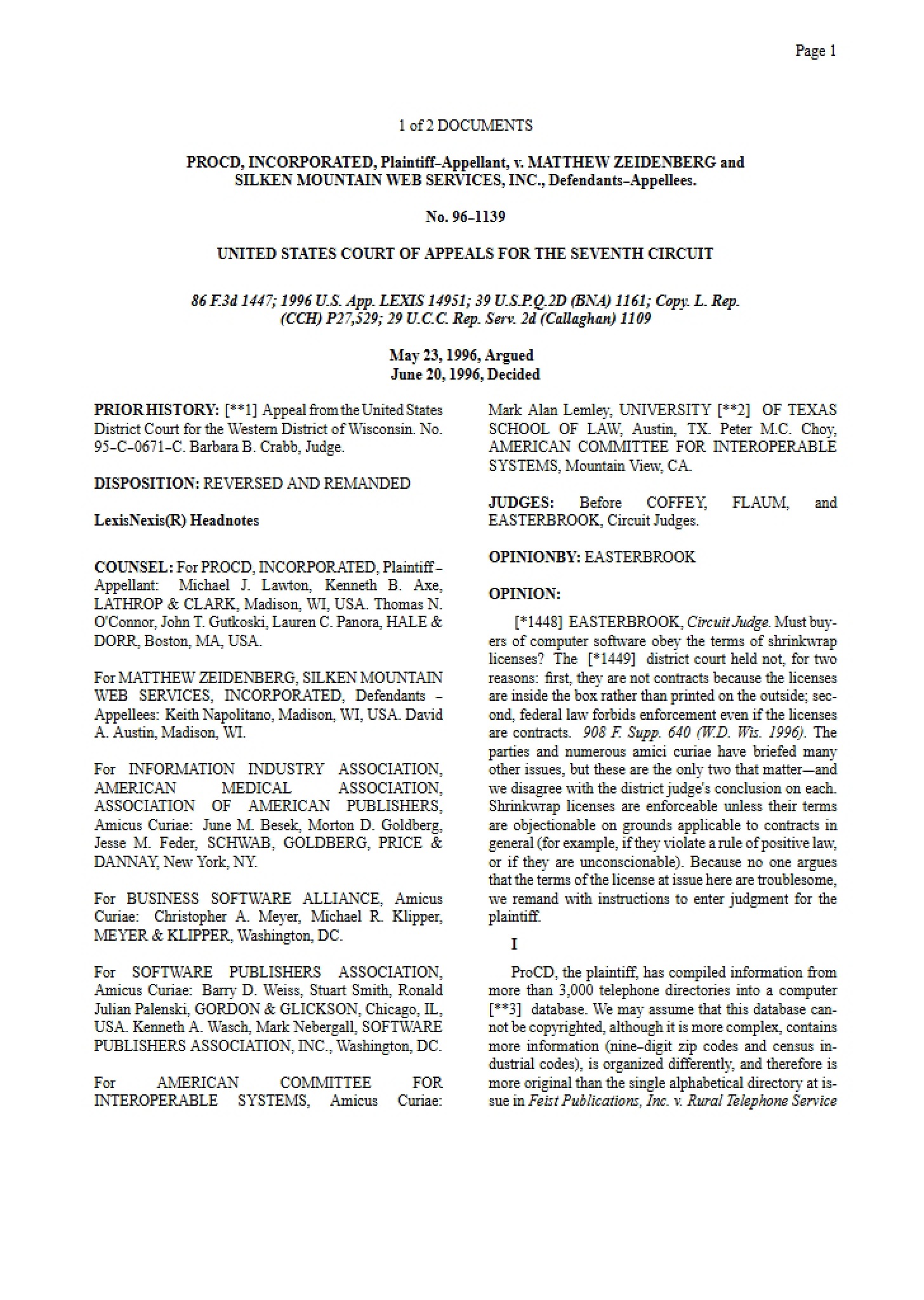 Zeidenberg vs. ProCD Case