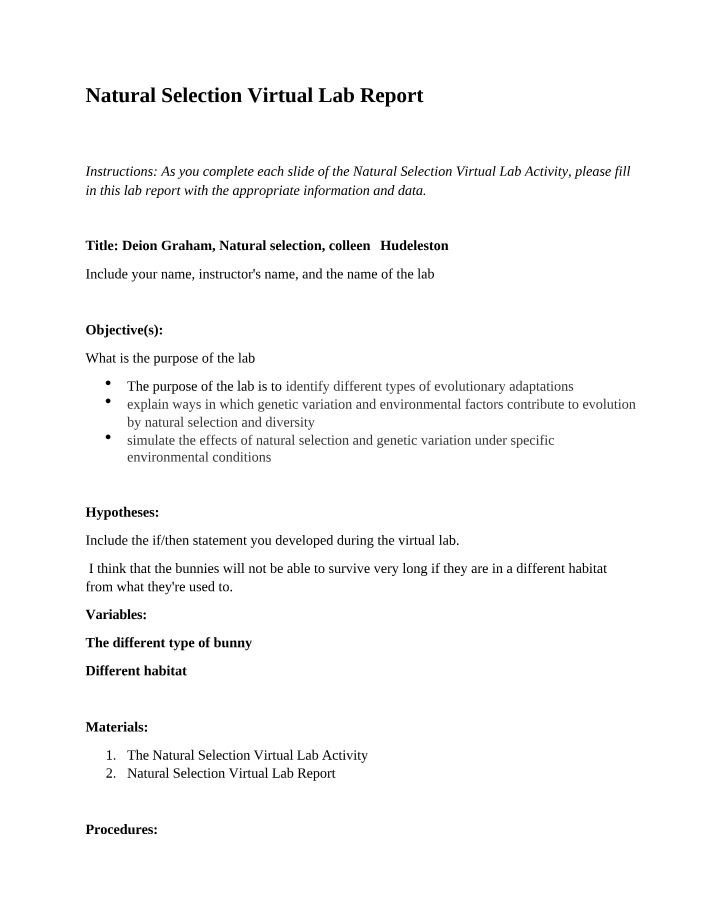 Natural Selection Virtual Lab Report Instructor Version