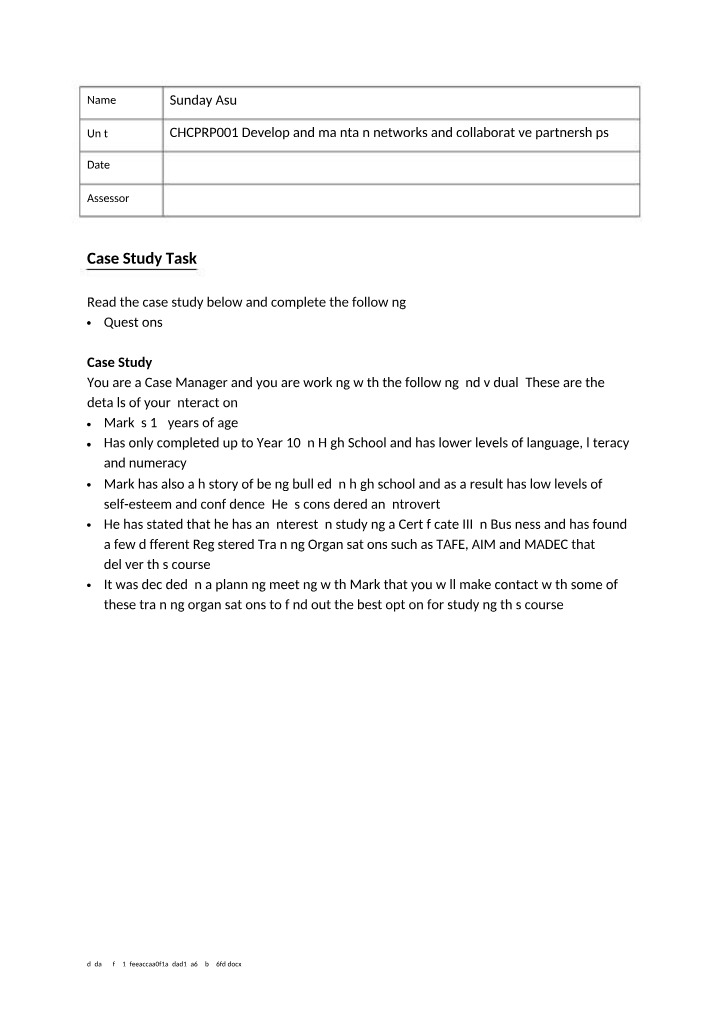 CHCPRP001 Assessment - Case Study Task