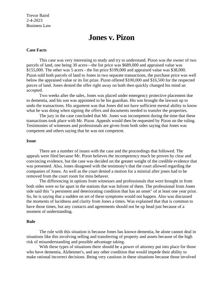 Case of Jones v. Pizon
