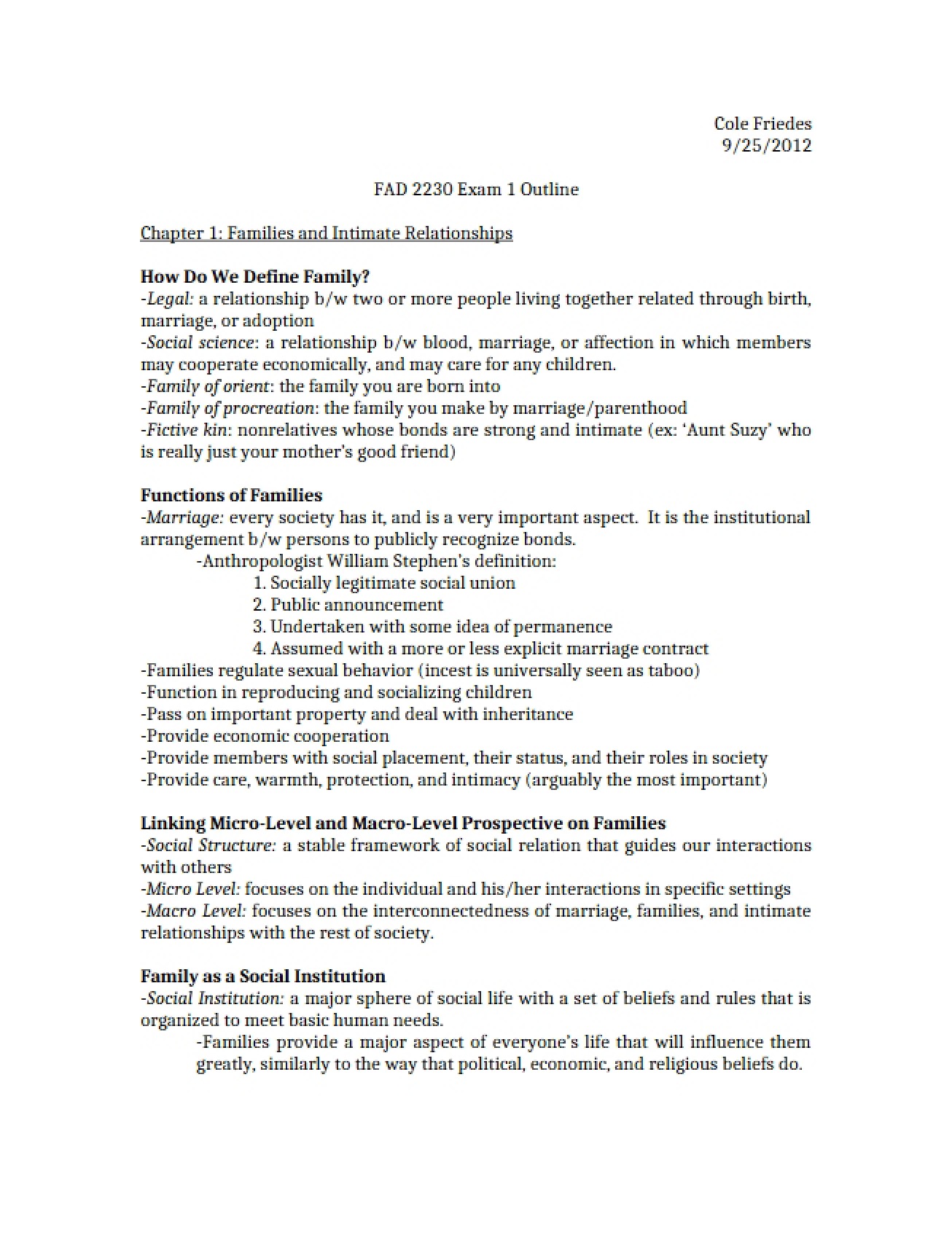First Exam on the Lifespan Approach to Family