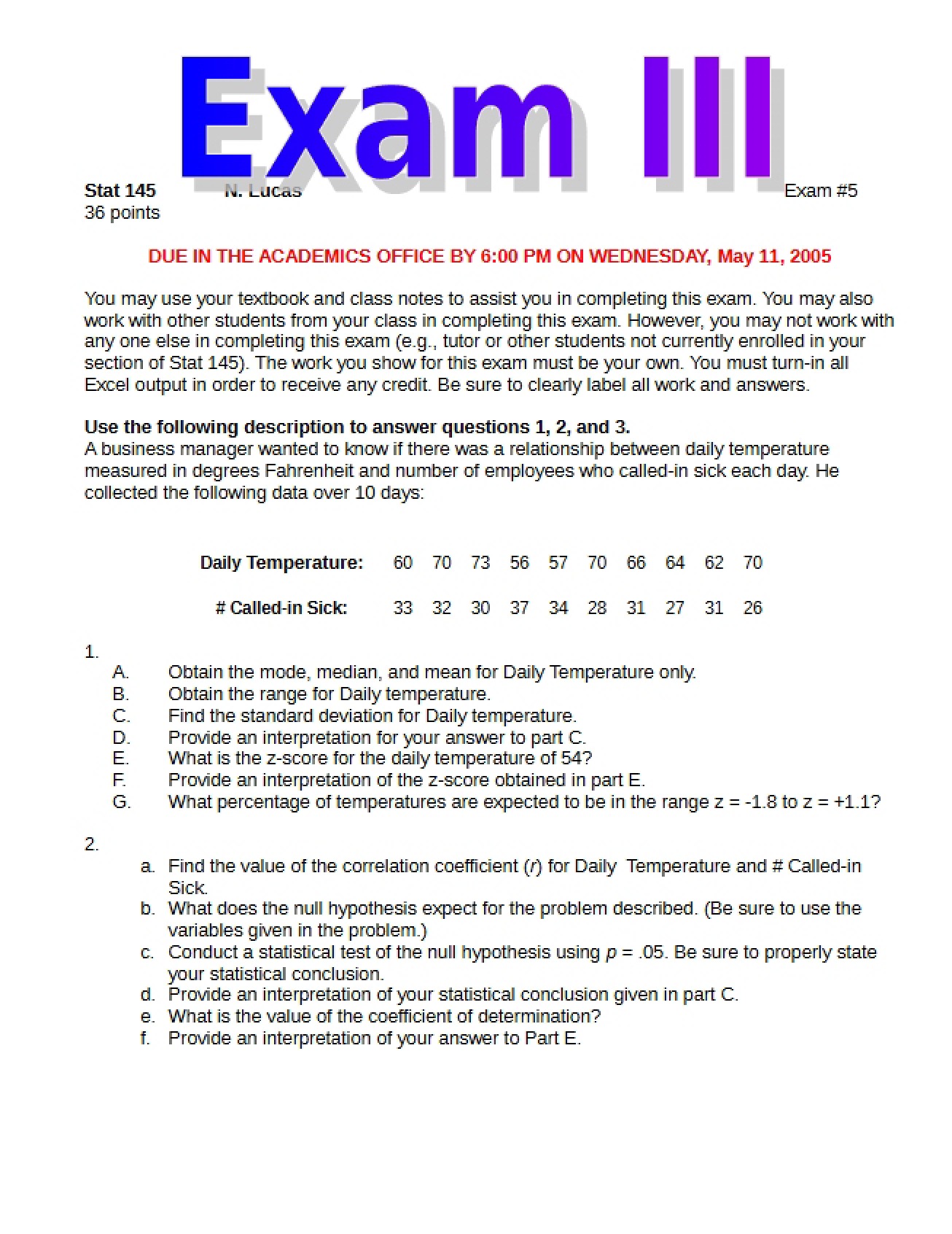 Third Examination for Statistics