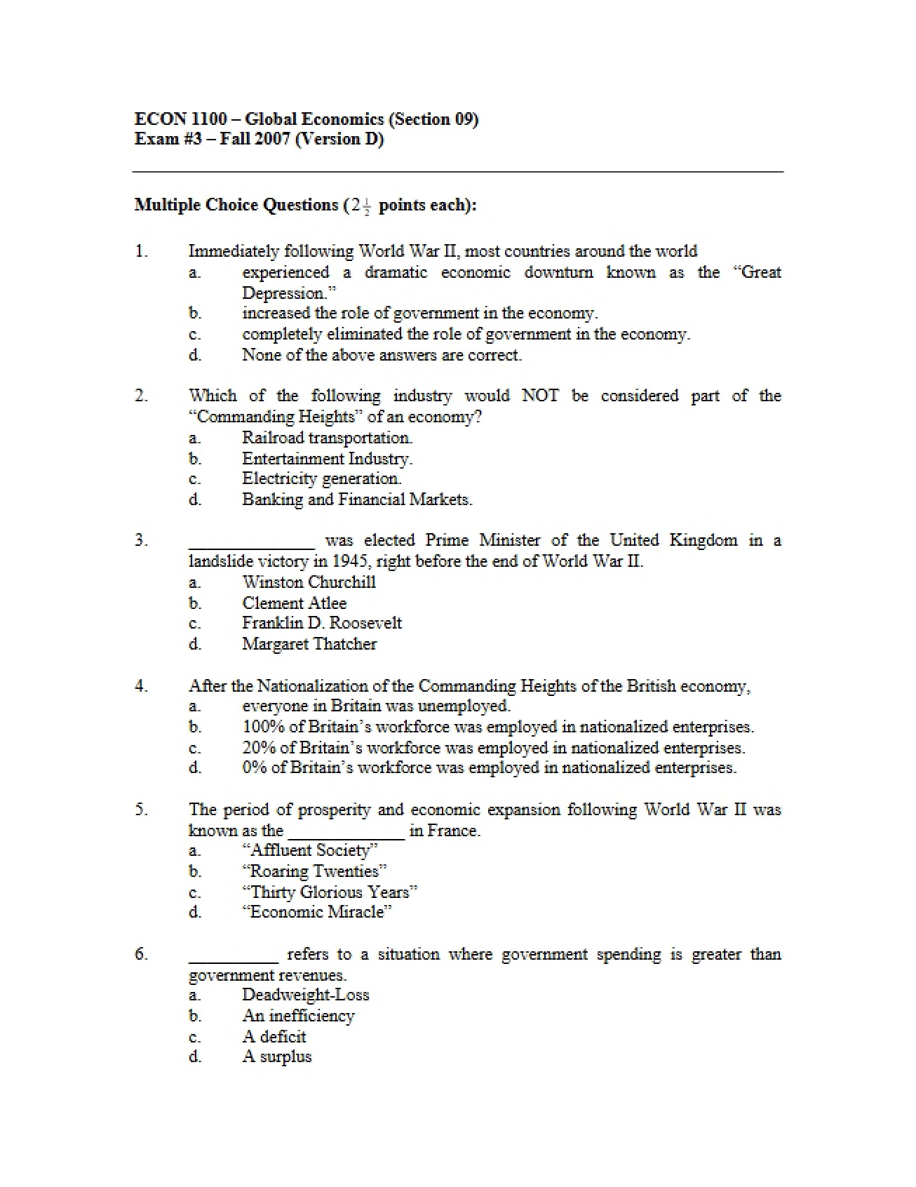 Course Exam 3 for Economics