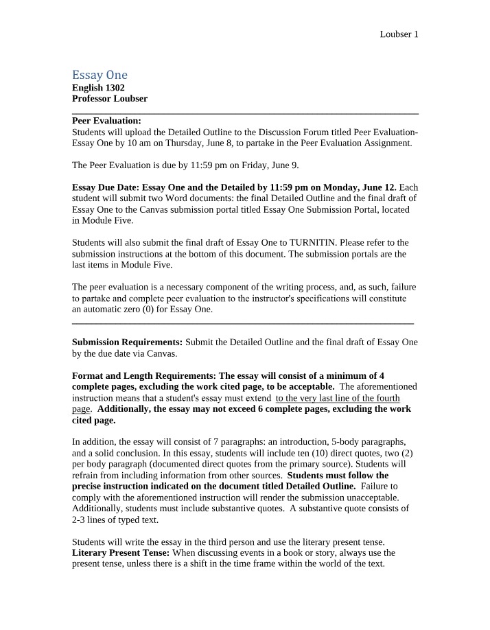 Assignment Sheet for Essay One