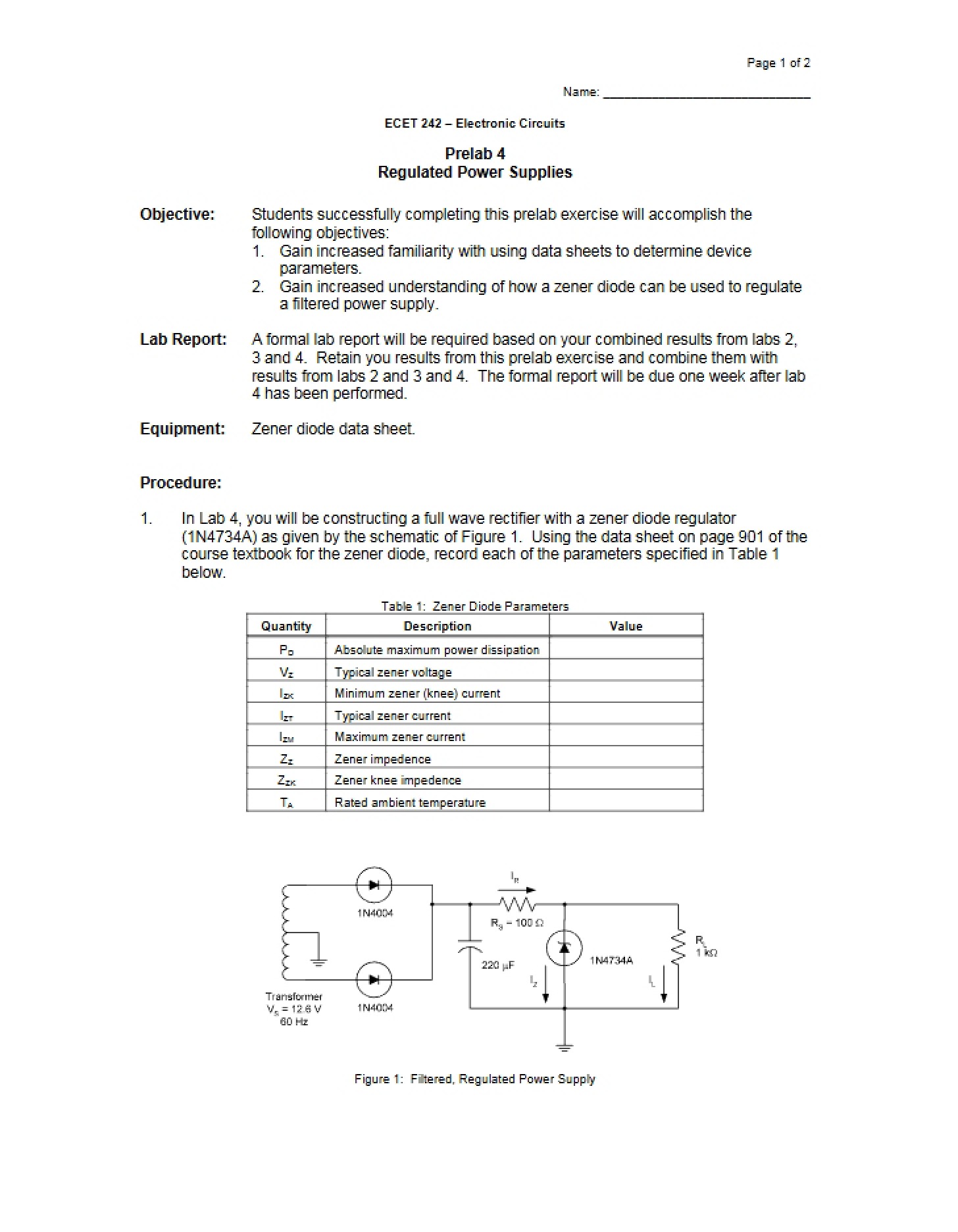 Power Supplies (Regulated) Prelab 4
