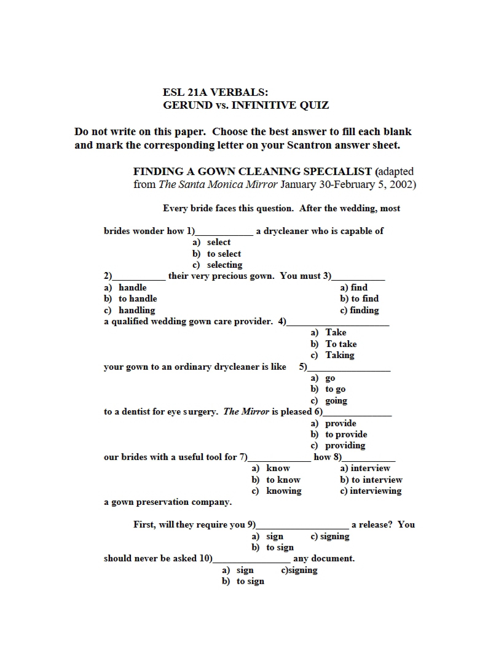 Quiz Infinitives vs Gerunds