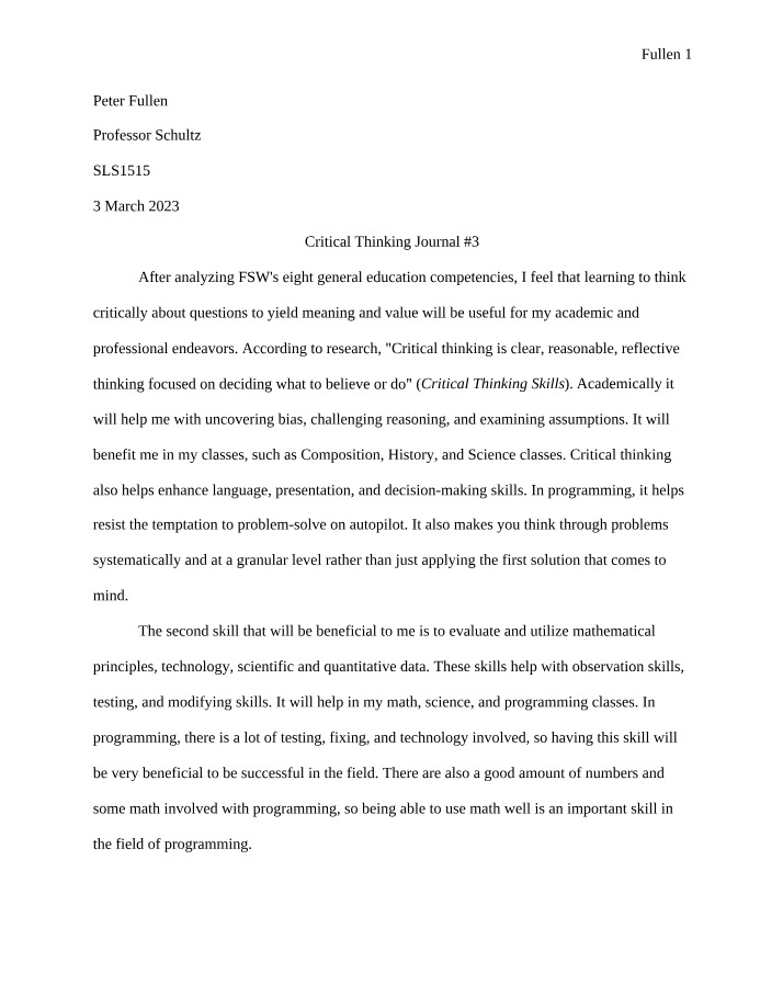 Critical Thinking Journal Entry 3