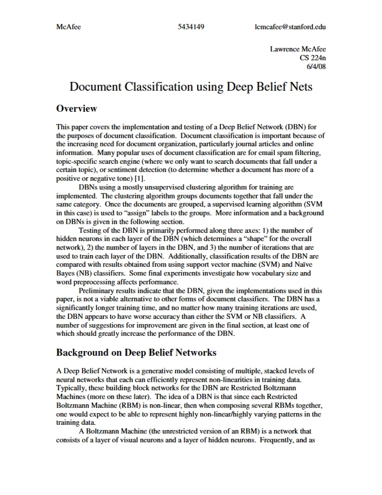 Documentation Classification using Deep Belief Nets