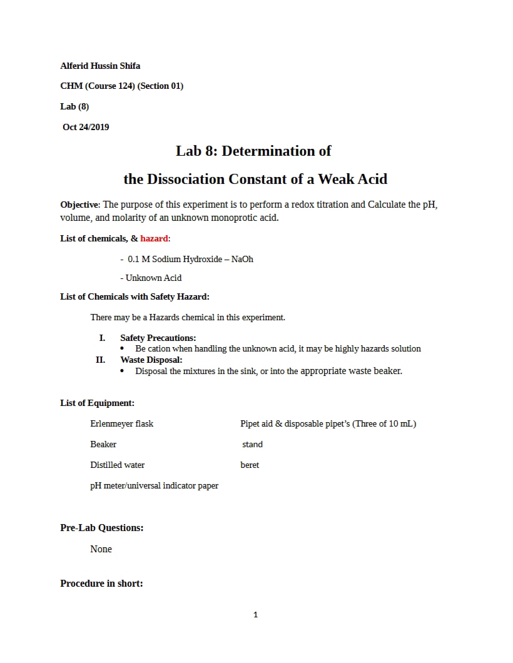 Weak Acid Dissociation Constant Determination