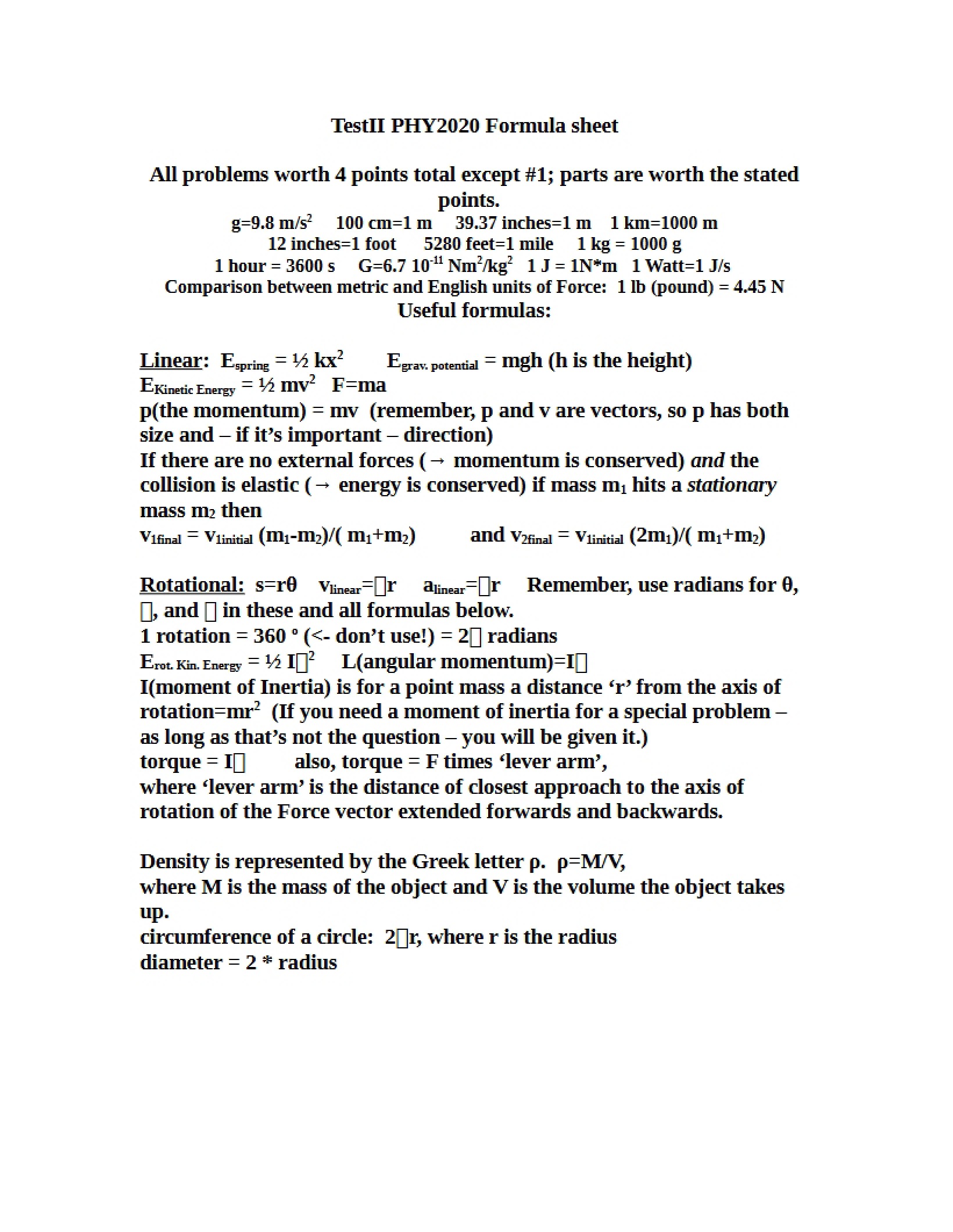Formula Sheet for Test Two