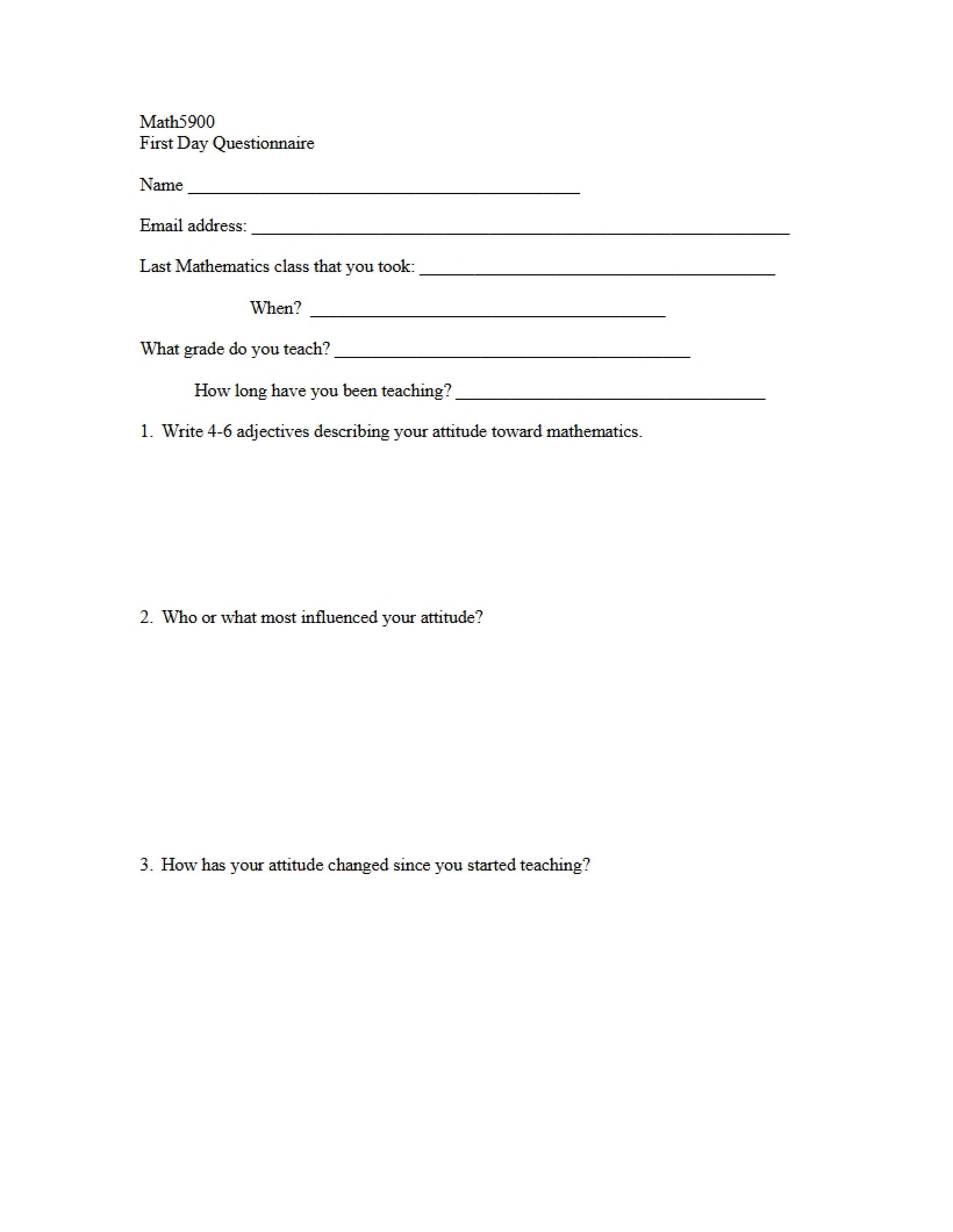 Questionnaire for Day One