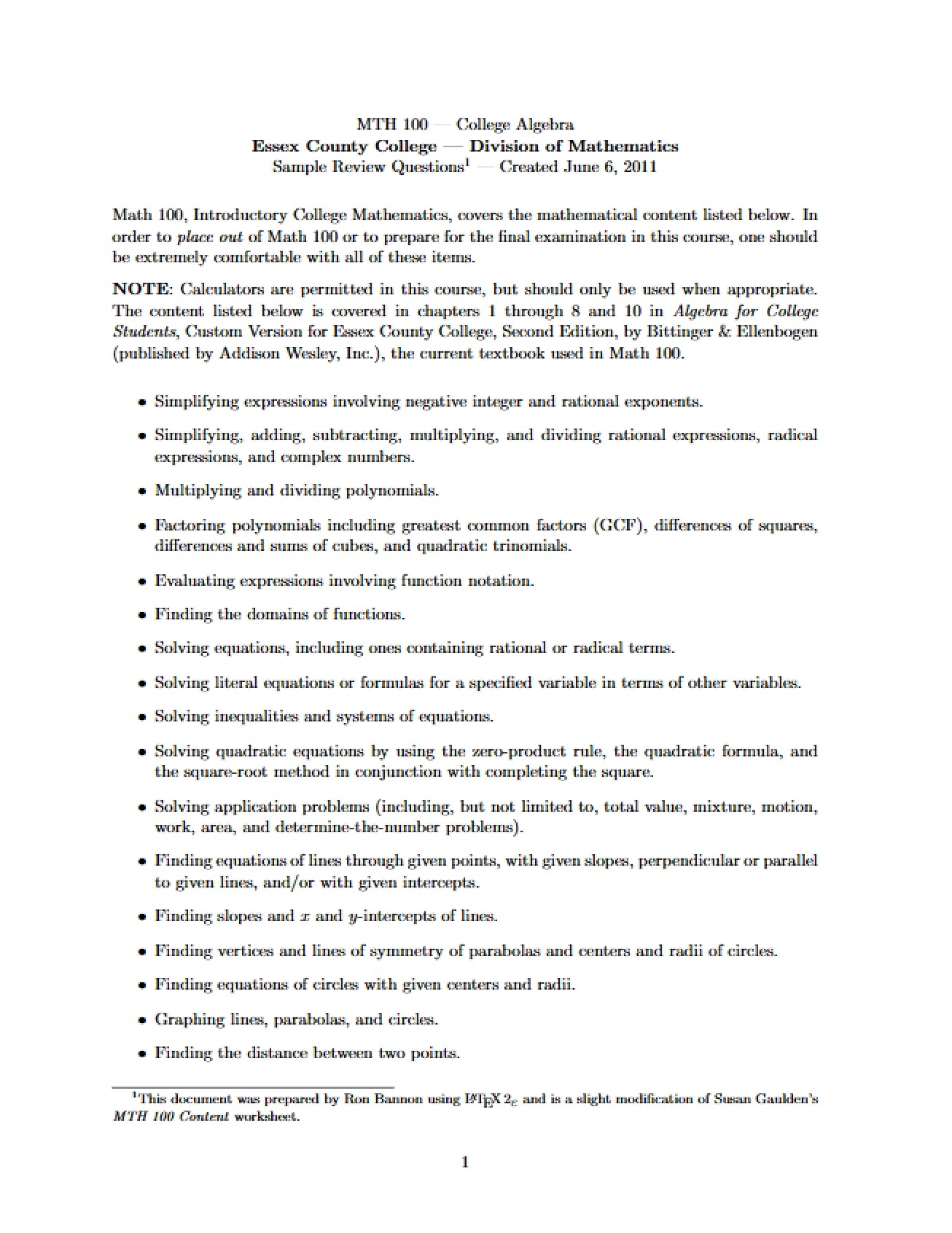 Review Inquiries for Introductory College Math