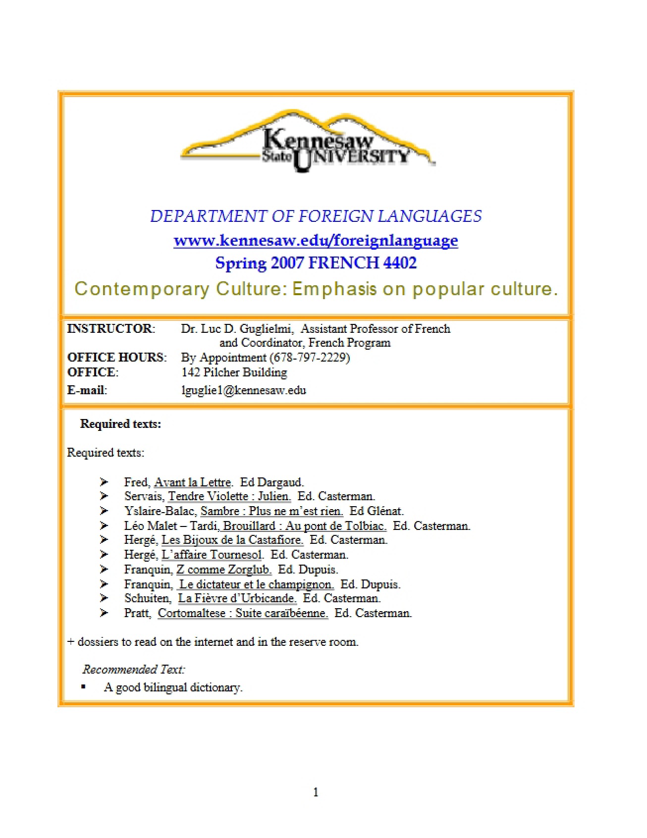 Course Outline for Contemporary French Culture - FREN 4402