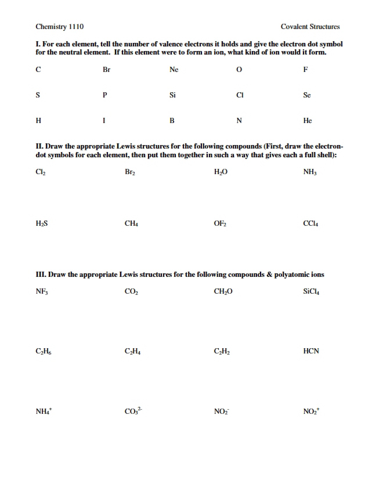 Worksheet on Covalent Structures