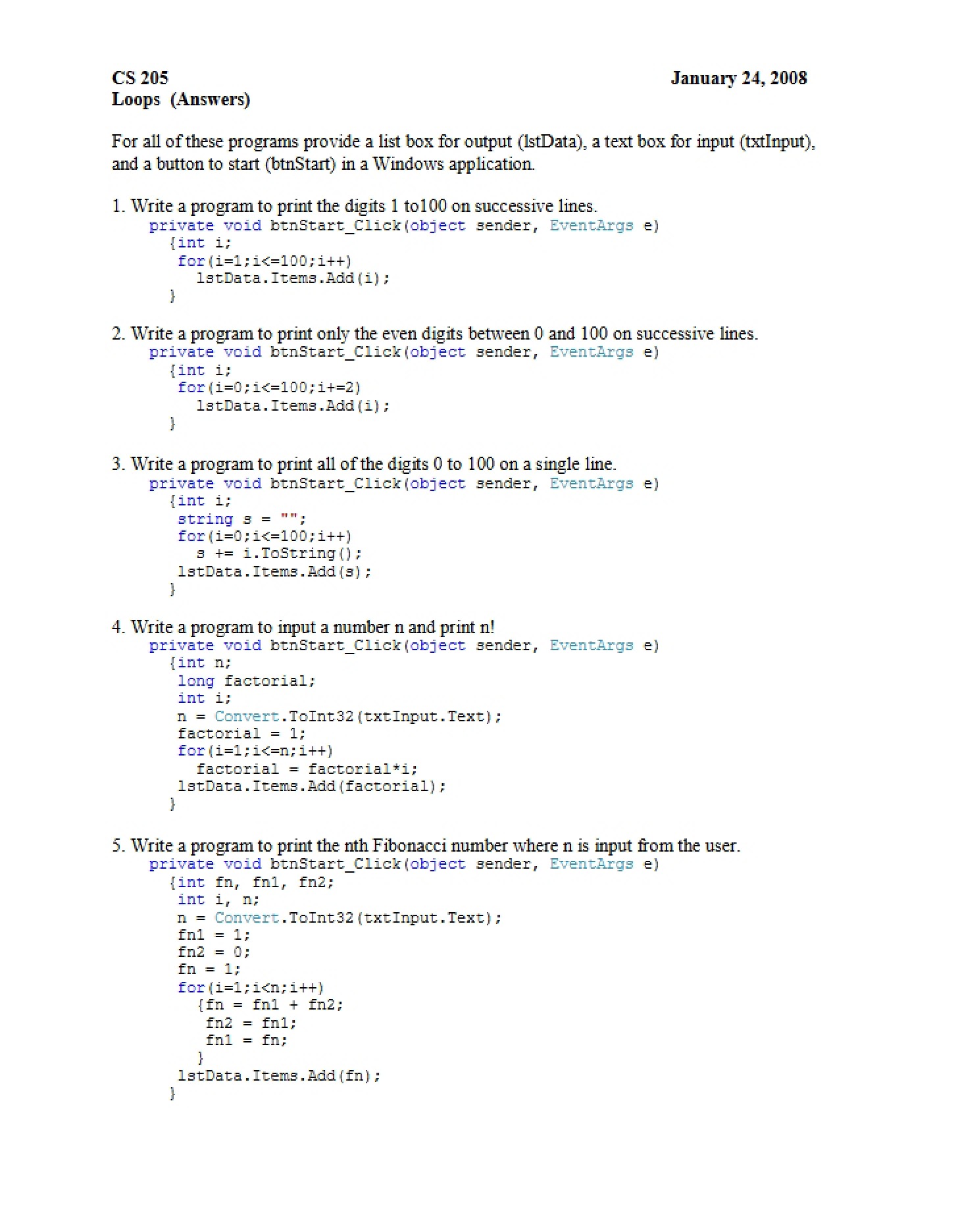 Solutions for CS 205 Loops