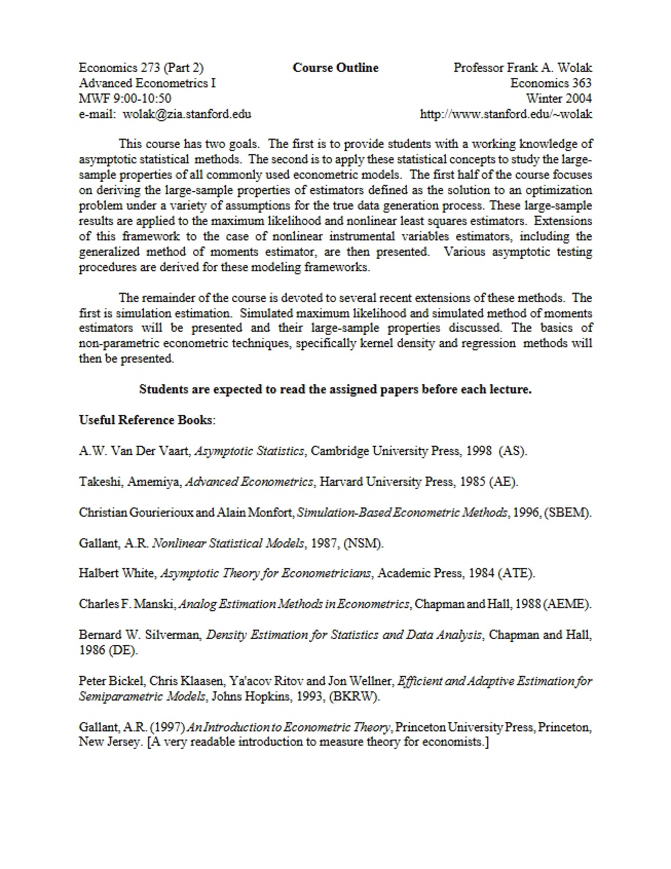 Advanced Econometrics I Syllabus (Set 1)