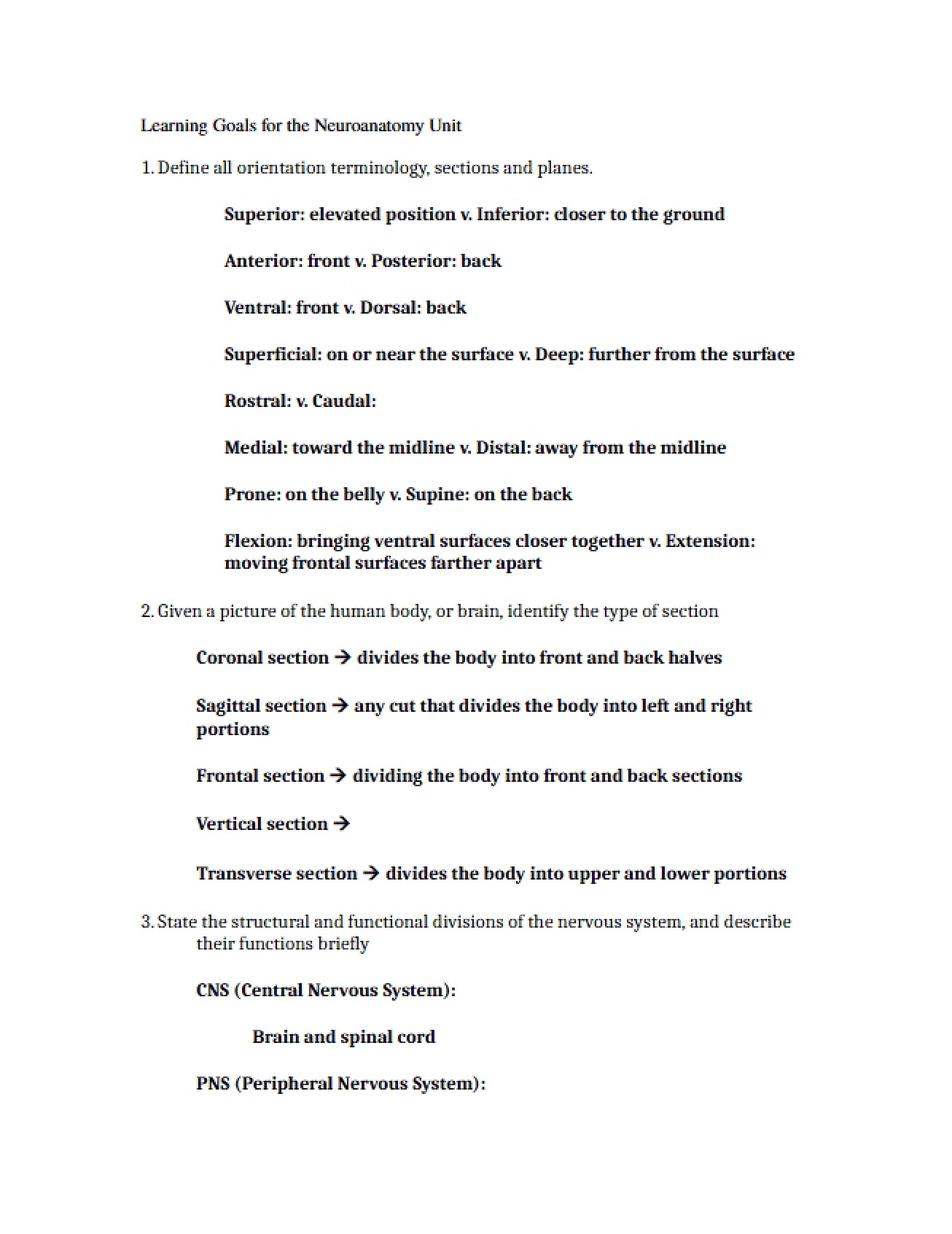 Neuroanatomy Learning Goals