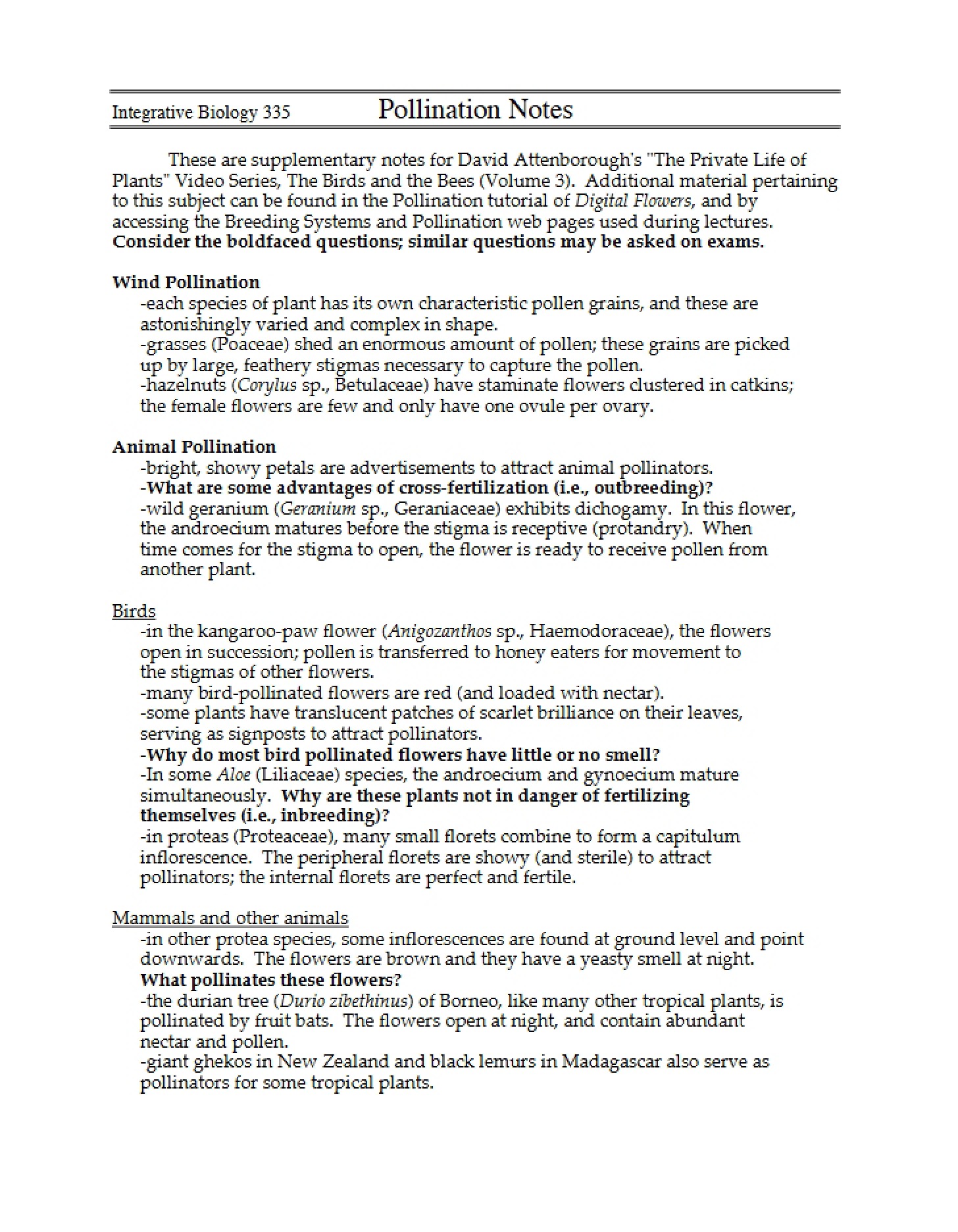 Notes on Pollination