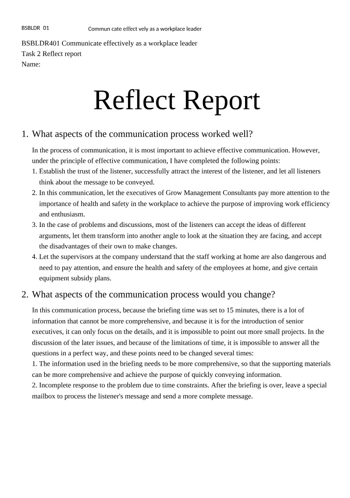 Reflect Report for BSBLDR401 Task 2