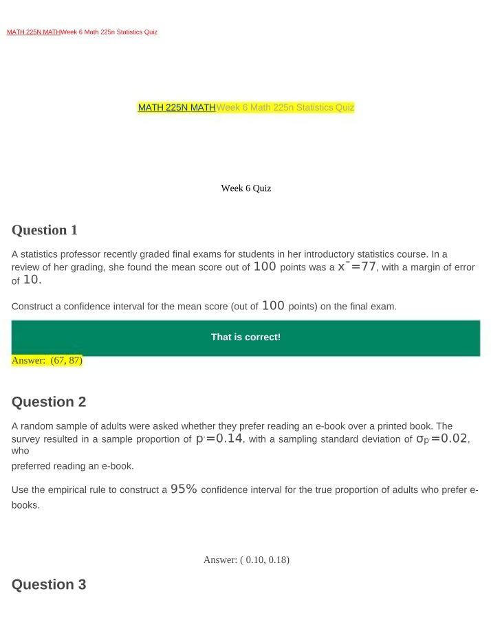 Week 6 Statistics Quiz - Math 225n