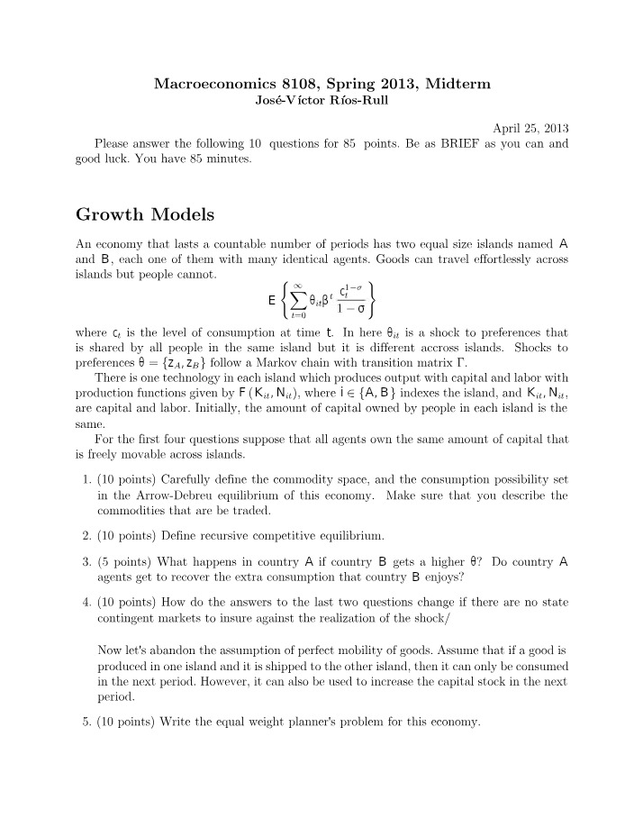 Macroeconomics Midterm Exam - Growth Models, Consumption, and Shocks