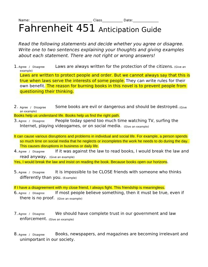 Fahrenheit 451 - Reflection Questions and Anticipation Guide