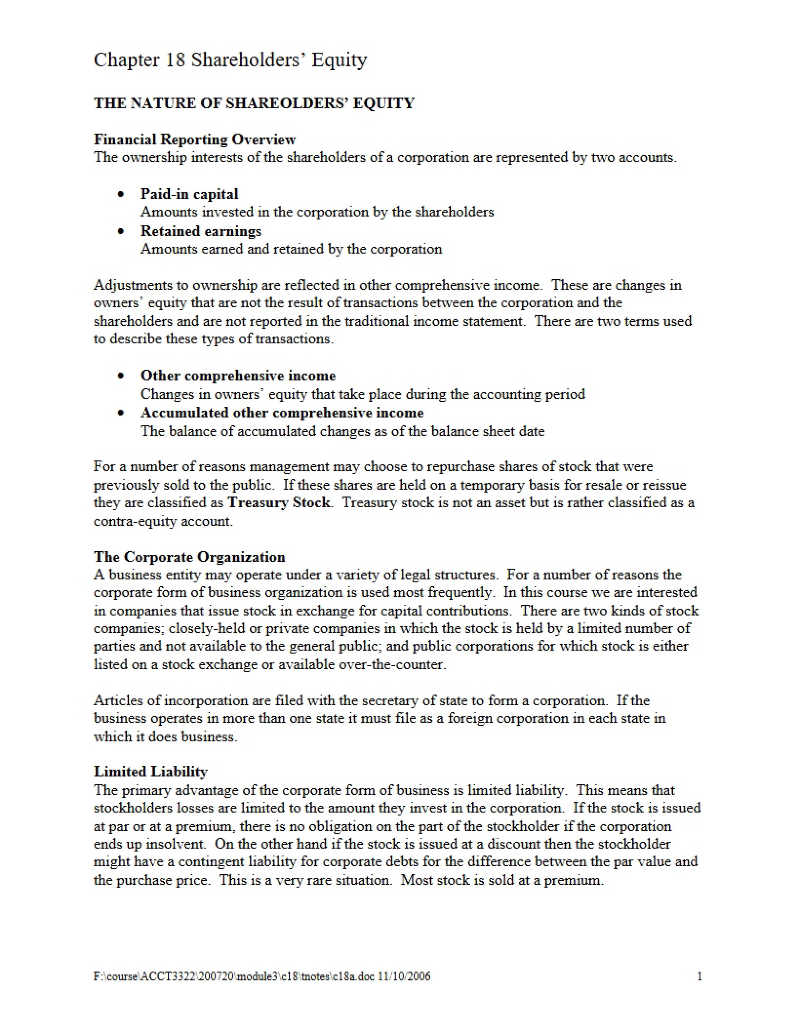 Shareholders' Equity (Chapter 18)