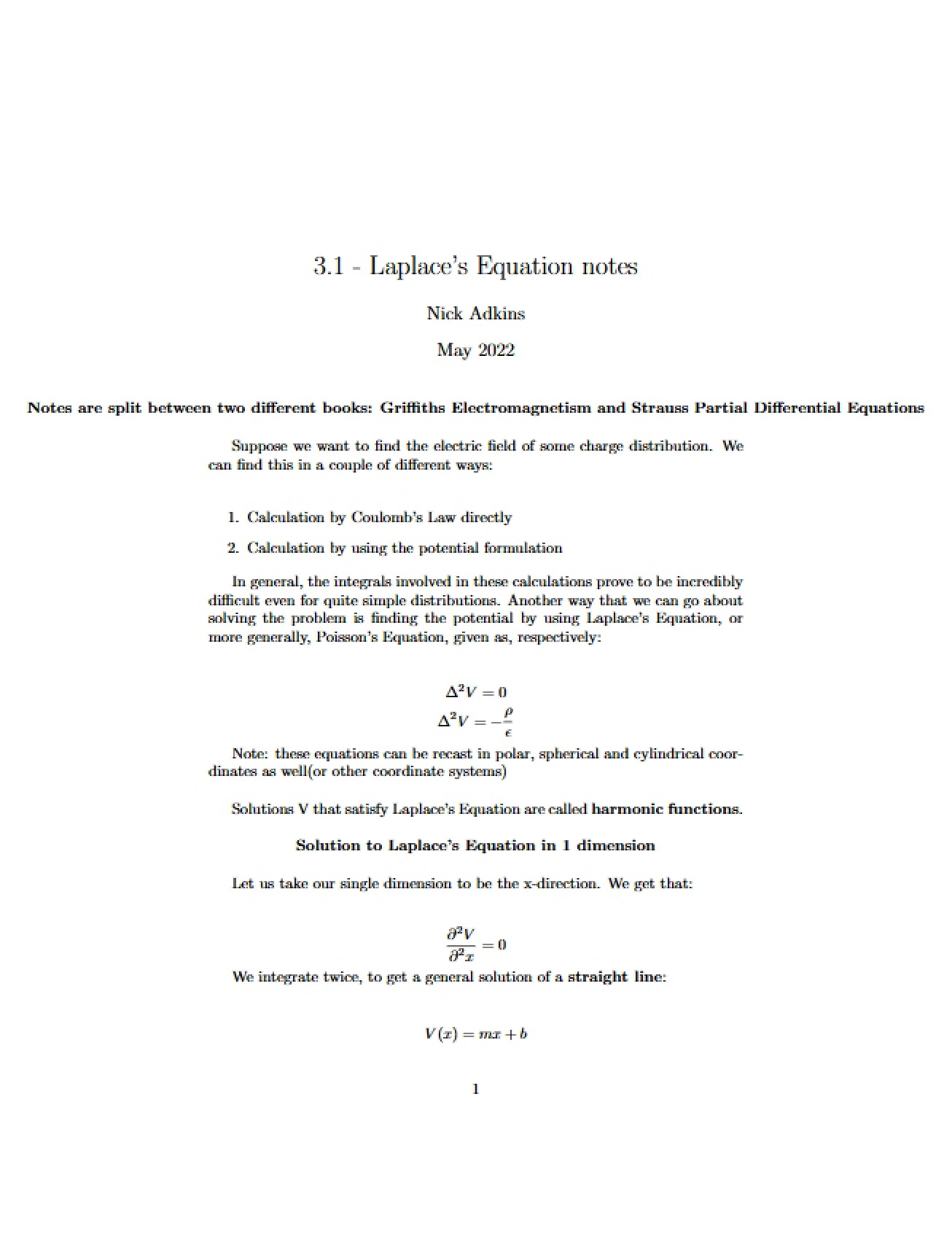 Notes on Laplace's Equation