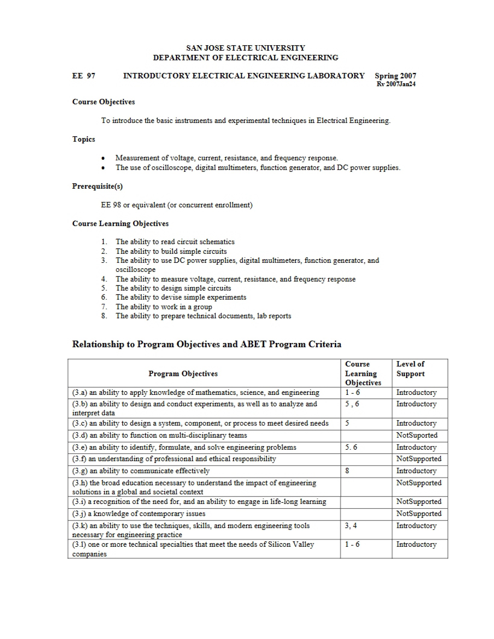 Electrical Engineering Lab Syllabus