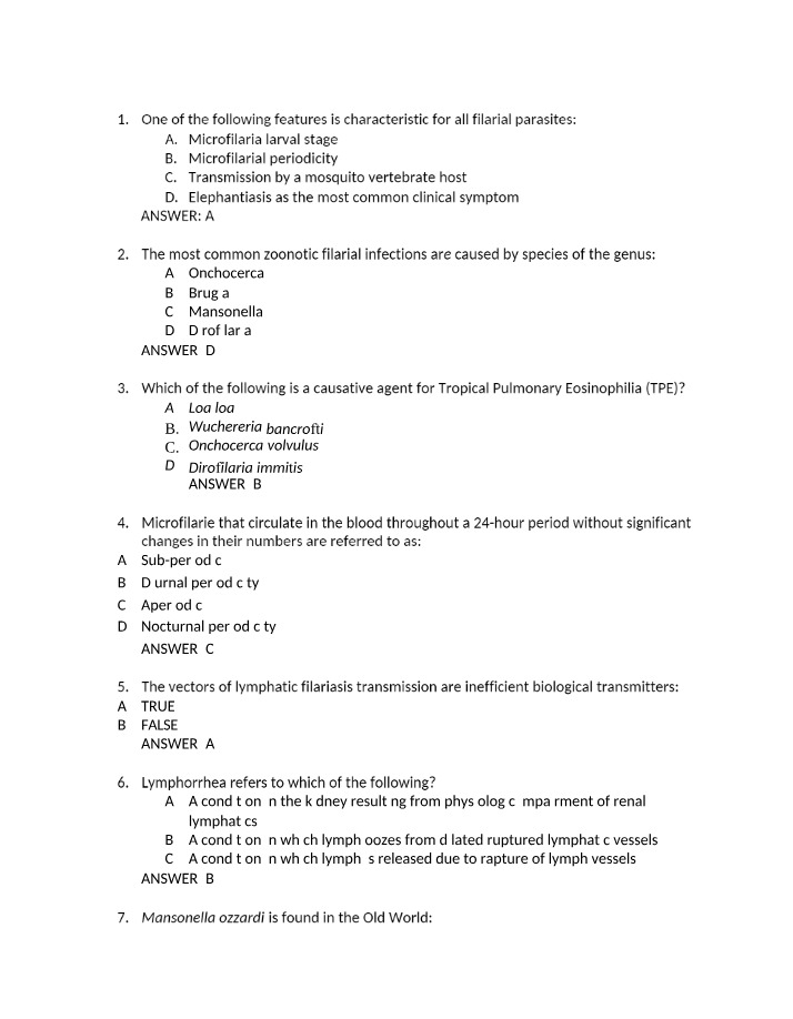 Characteristics and Infections of Filarial Parasites