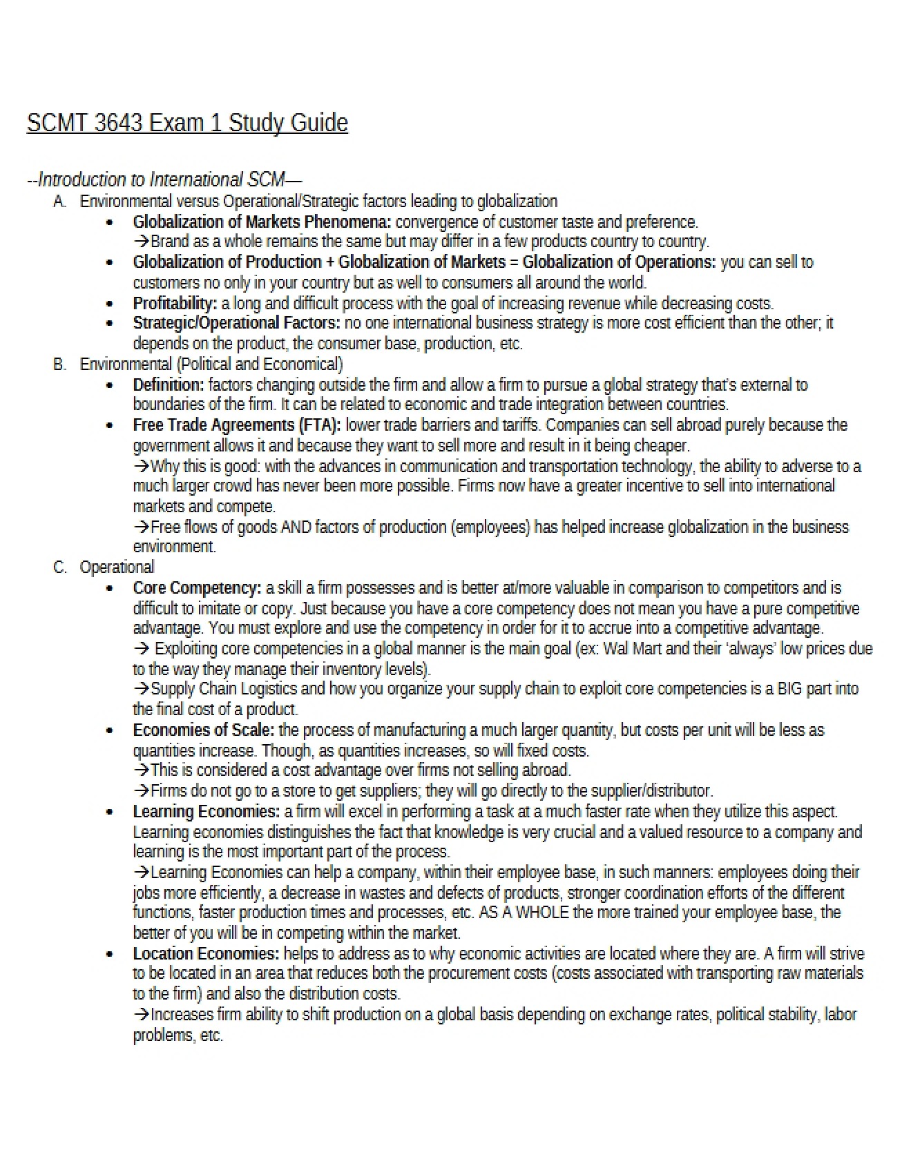 Study Guide for the First Exam in International Transportation and Logistics