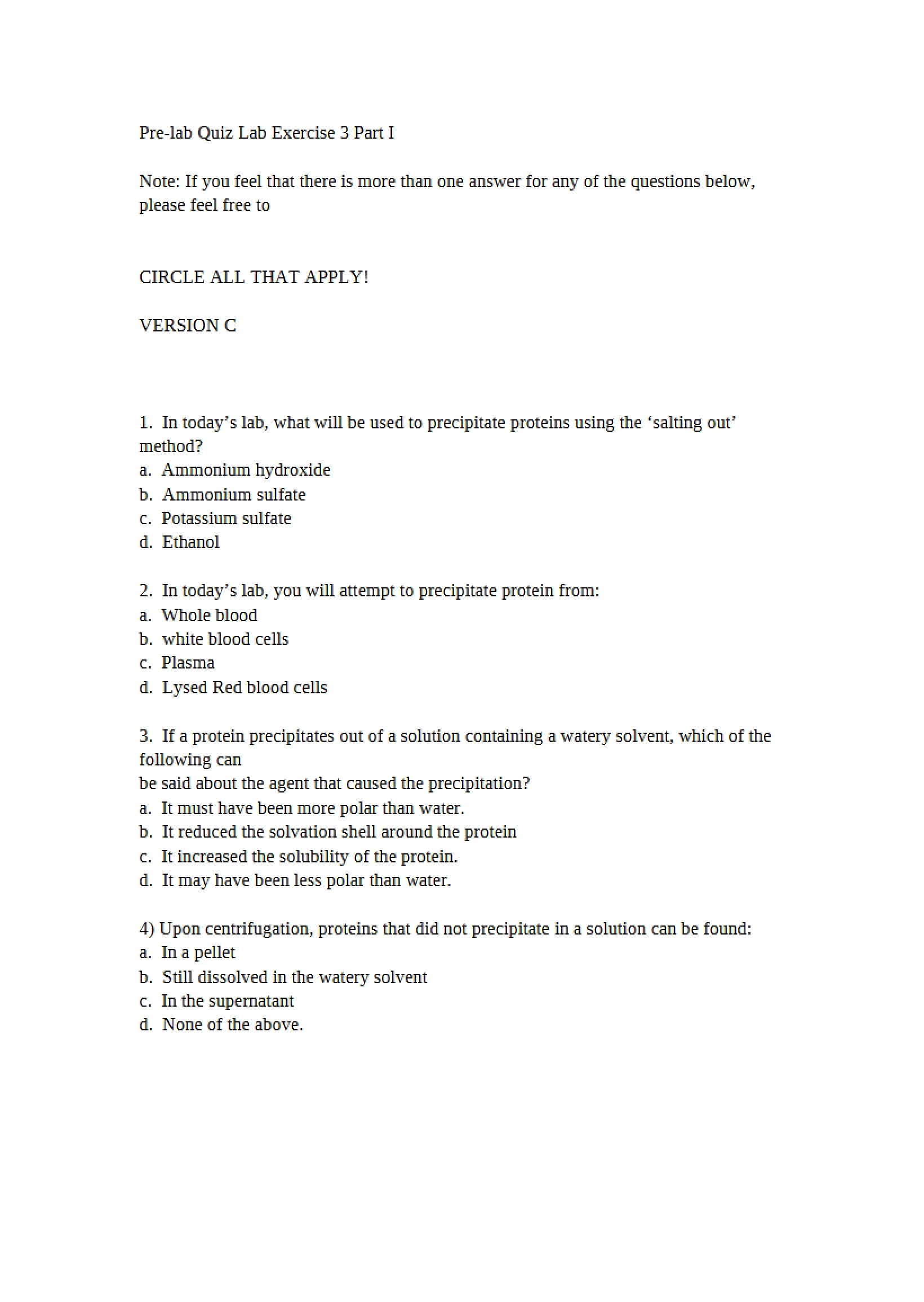 Preliminary Assessment for Laboratory Three