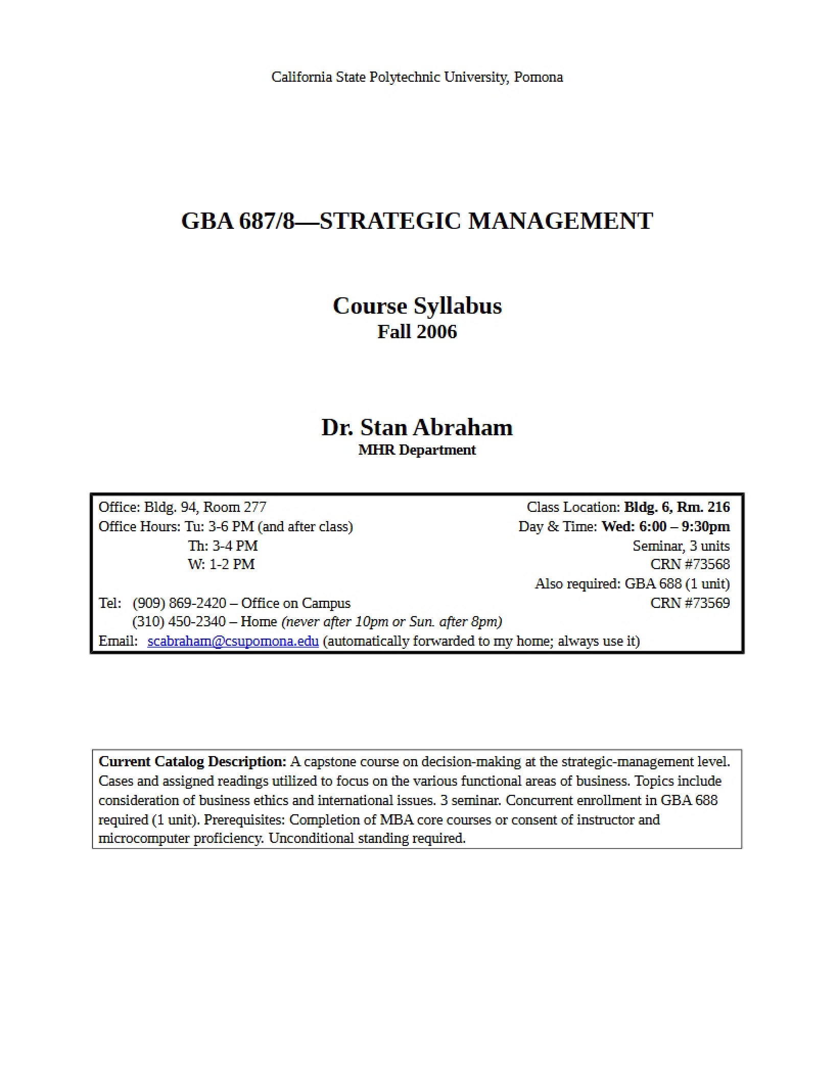 GBA 687 Strategic Management Syllabus