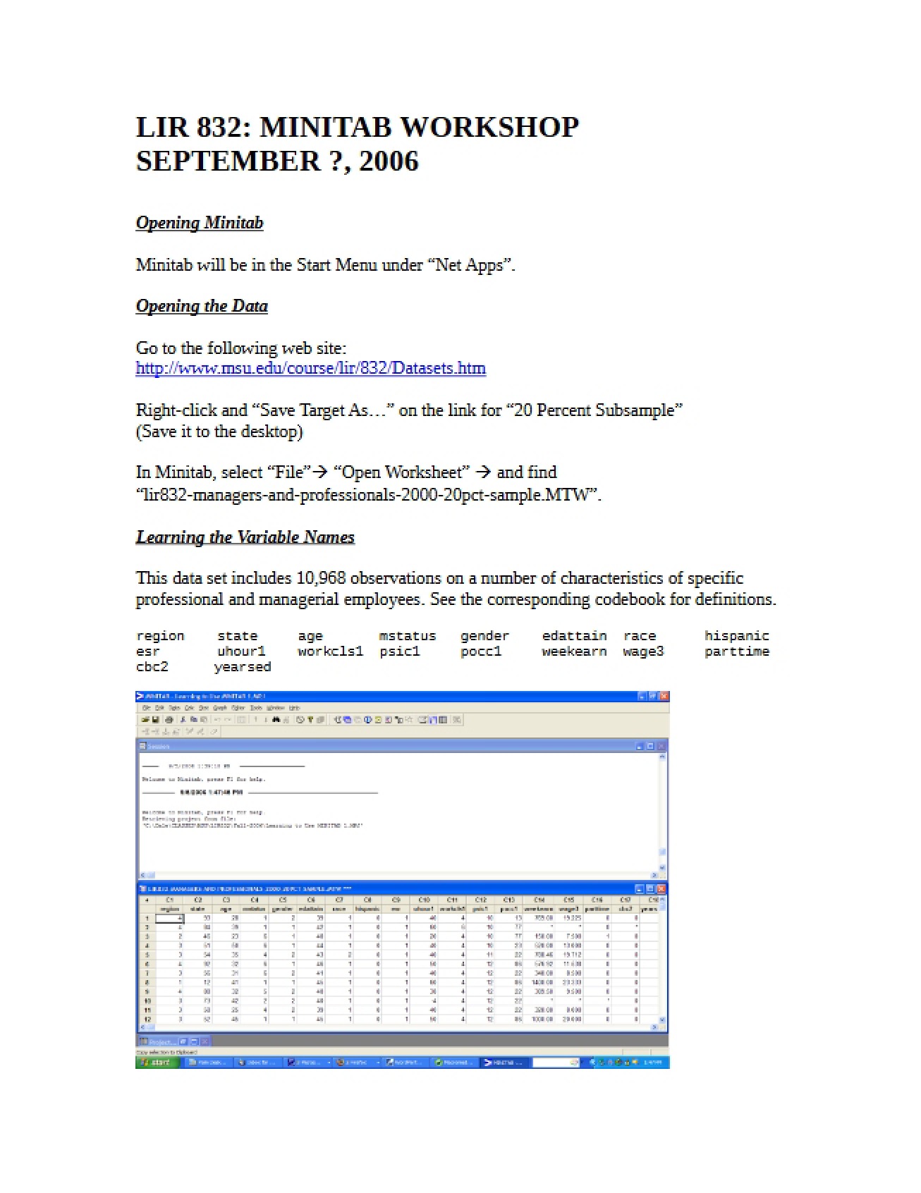 Workshop on MINITAB