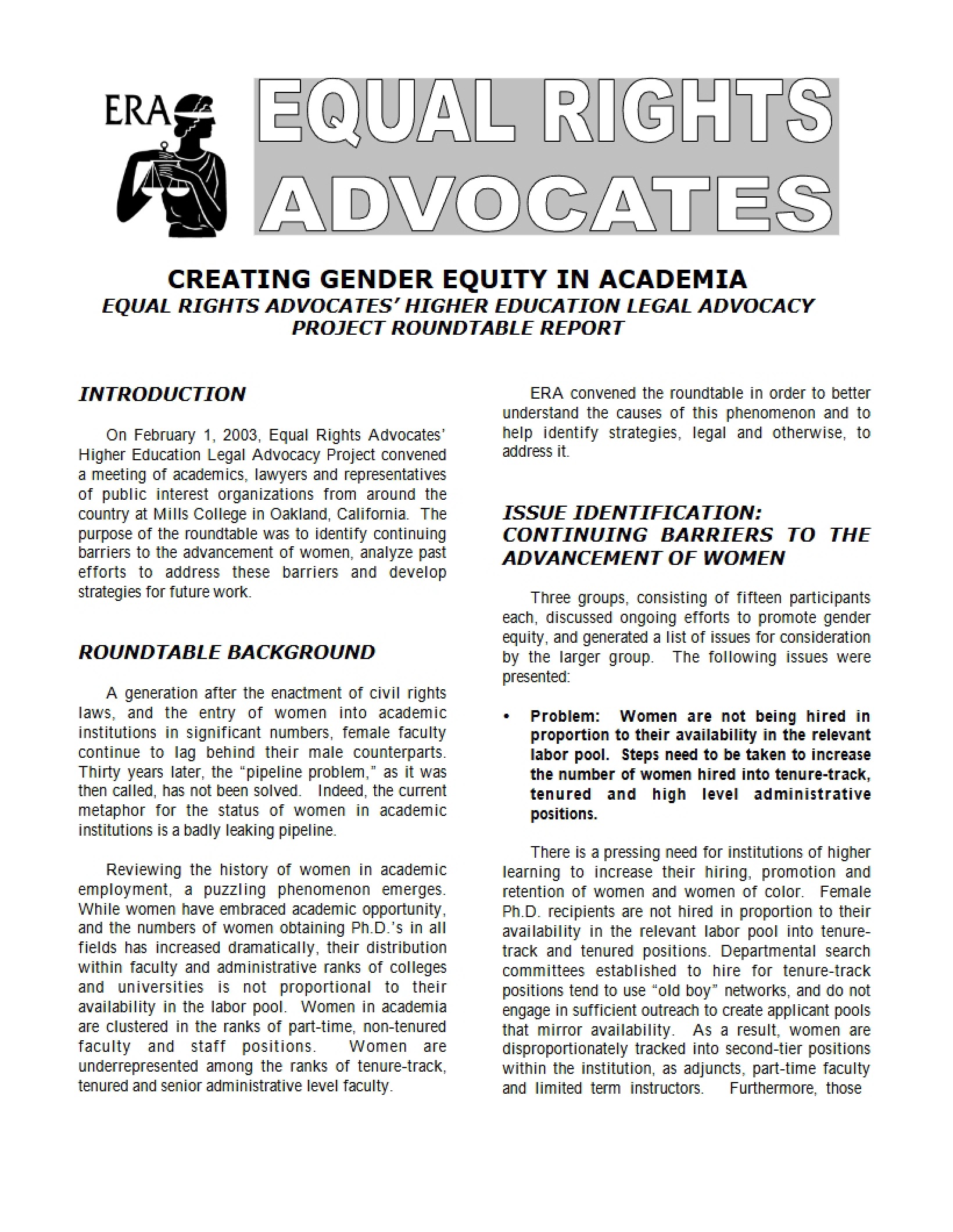 Academia and Gender Equity Creation