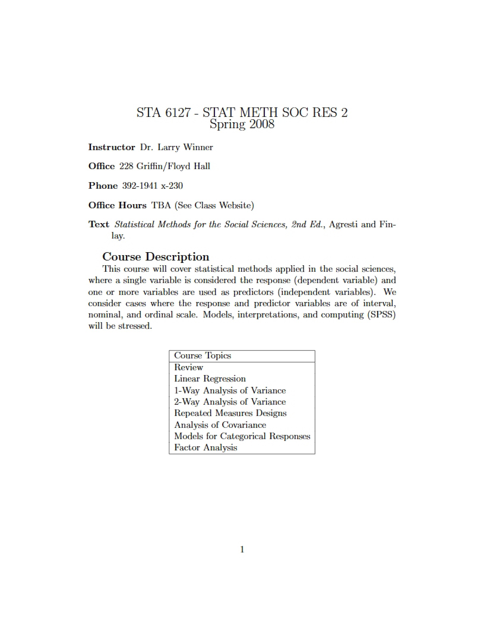 Syllabus for Statistical Methods in Social Research II