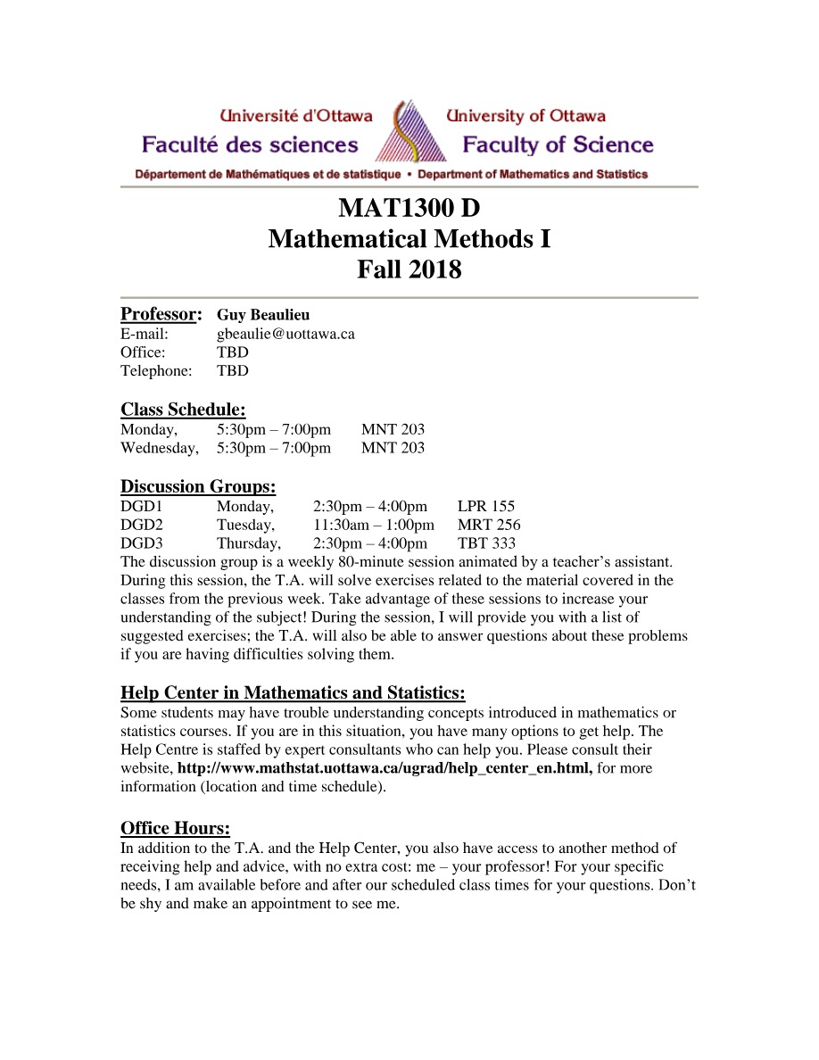 Syllabus - Mathematical Methods I Fall 2018