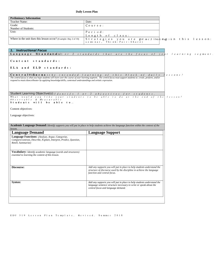 Lesson Plan for Language Standards and Content