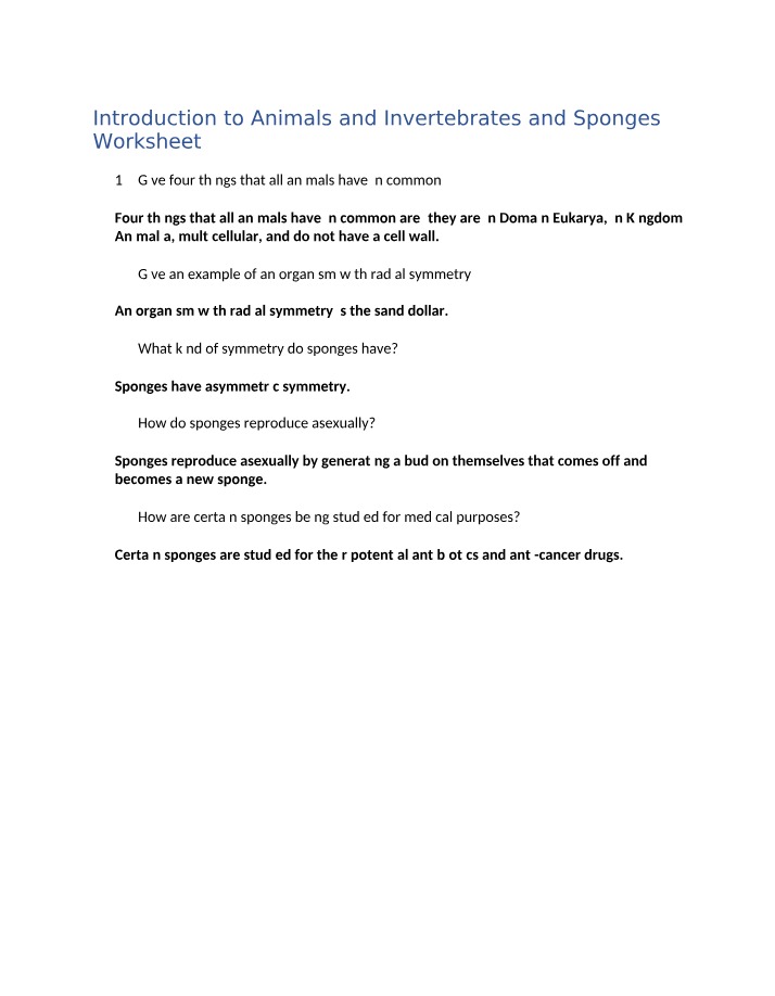 Worksheet - Introduction to Animals, Invertebrates, and Sponges