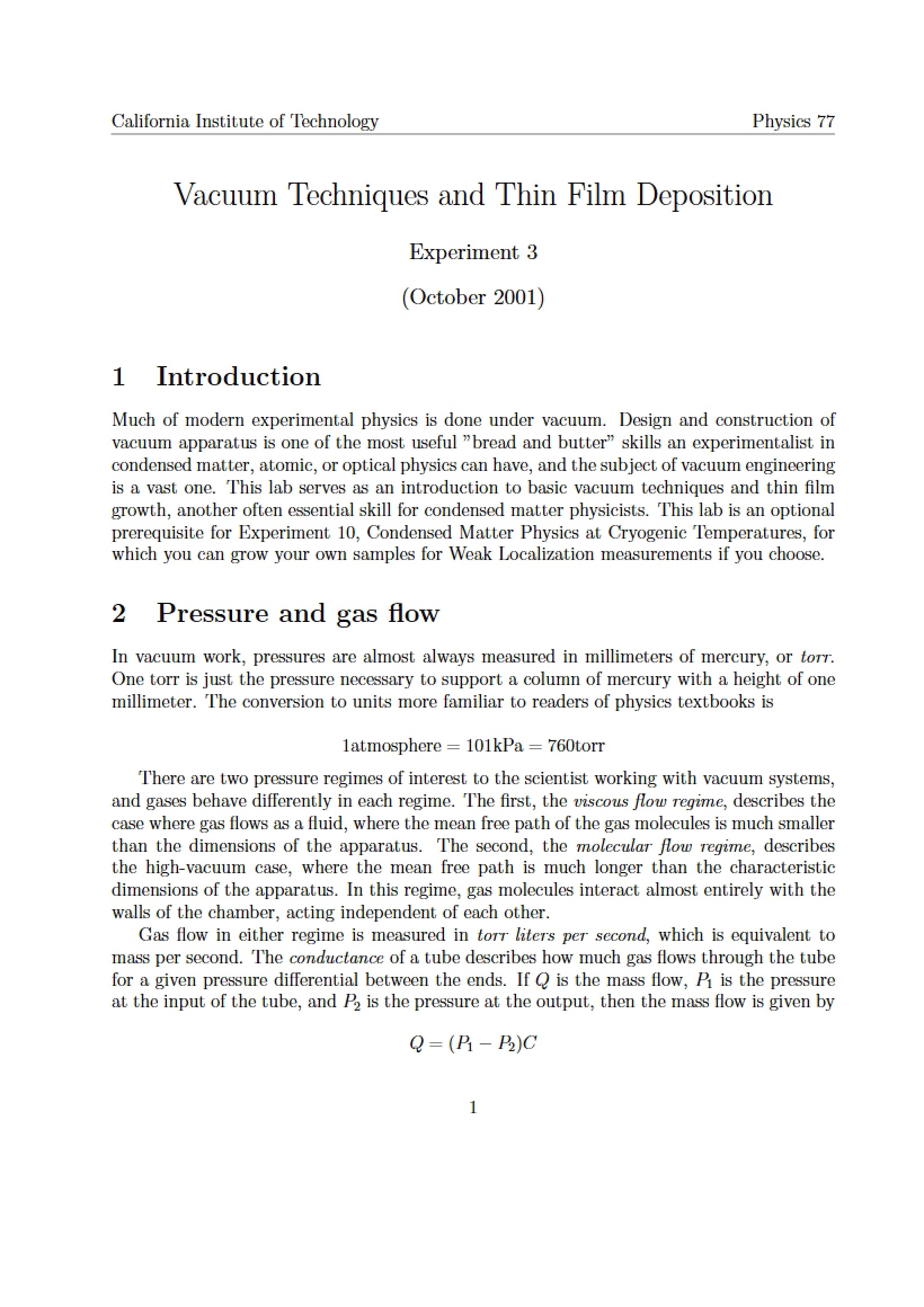 Experiment 3 Thin Film Deposition and Vacuum Techniques
