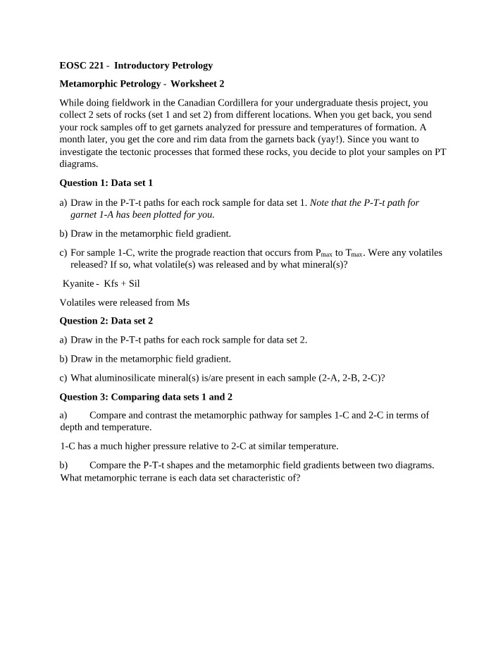Worksheet 2 - Metamorphic Petrology