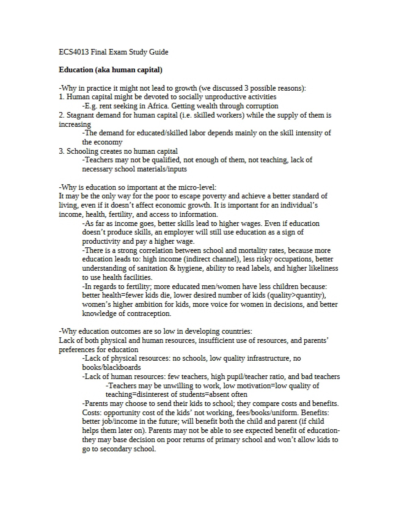 Development Economics Final Exam Review