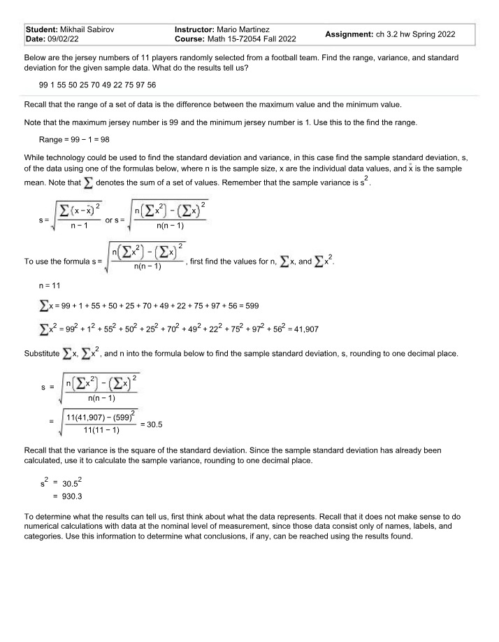 Range, Variance, and Standard Deviation for Football