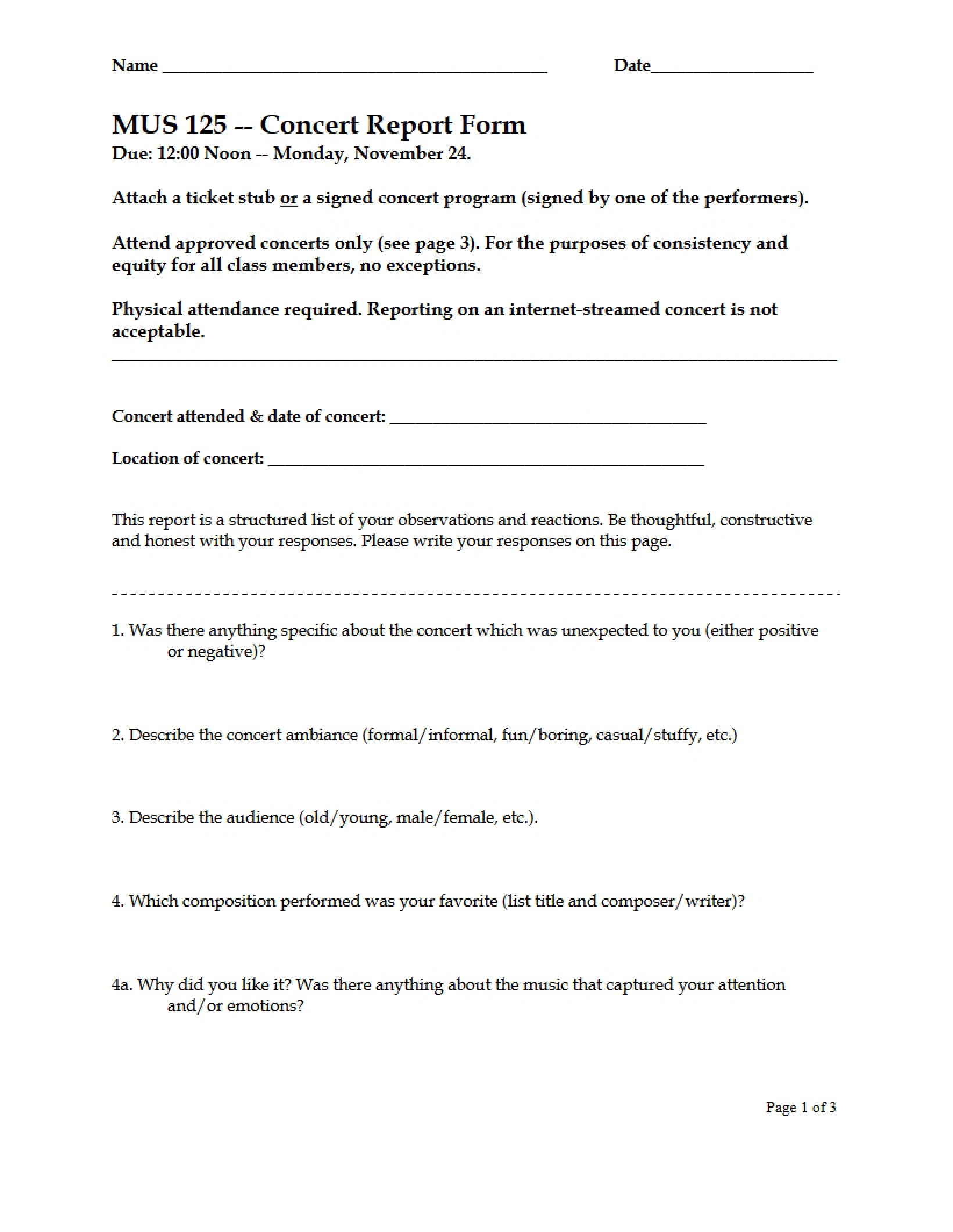Report Form for Concert